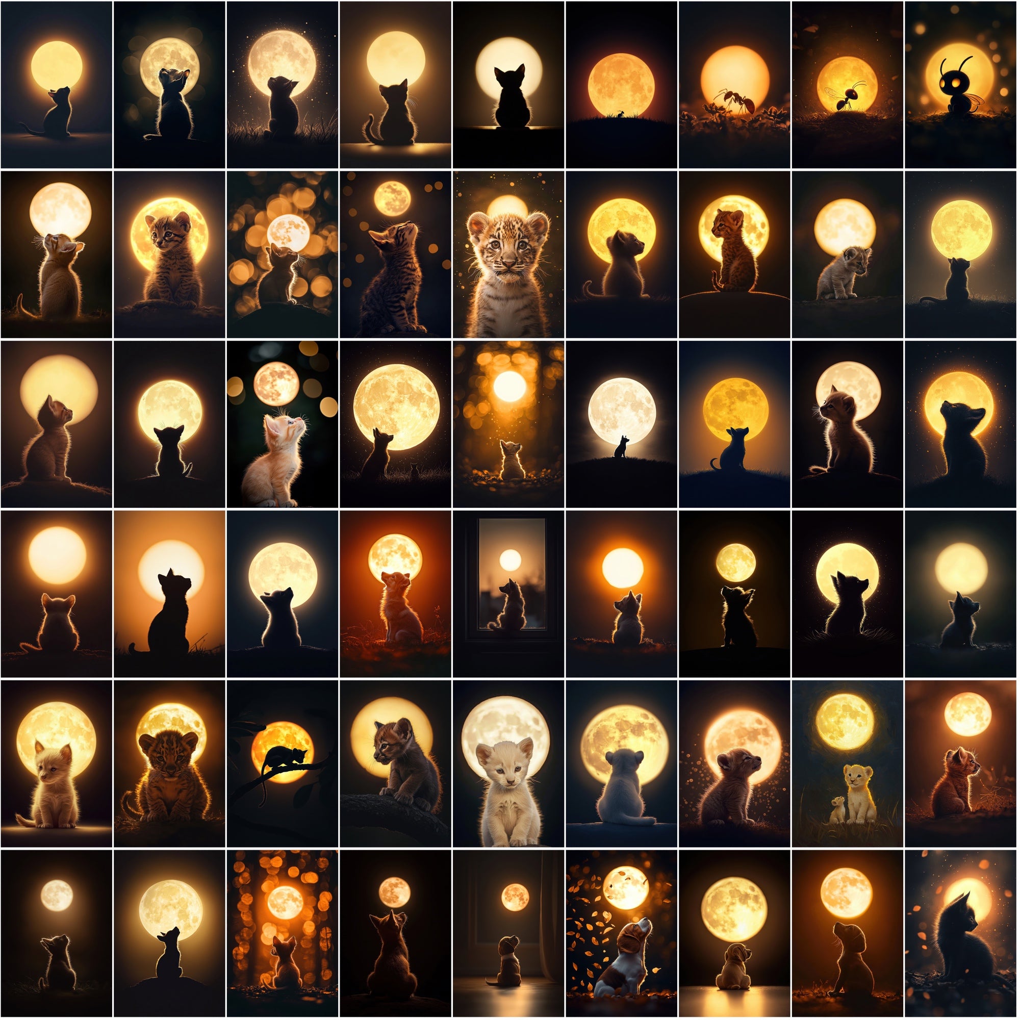 1200 Magical Animal Moon Art Prints – Try 200 Free Samples, Glowing Full Moon in Dark Golden Tones