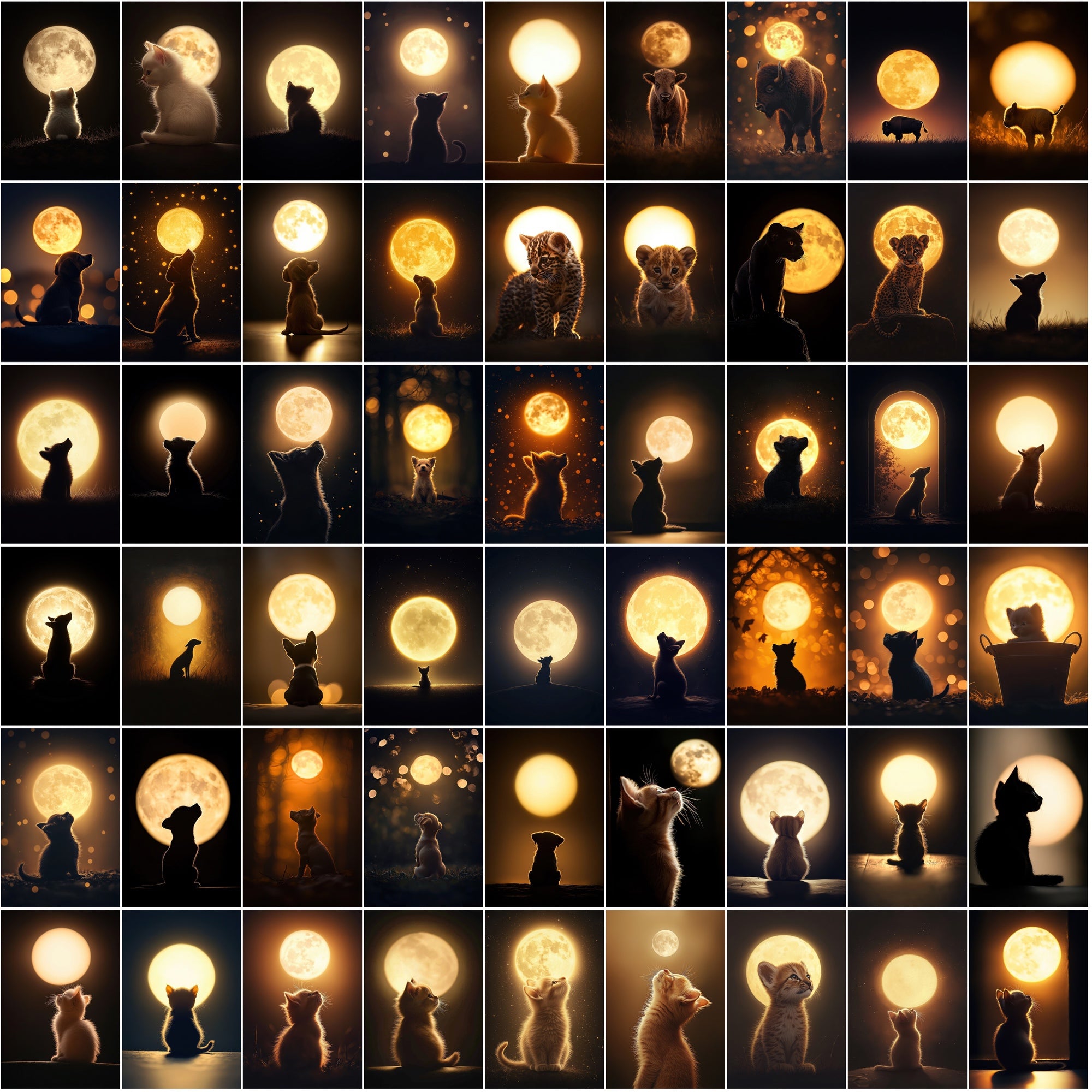 1200 Magical Animal Moon Art Prints – Try 200 Free Samples, Glowing Full Moon in Dark Golden Tones