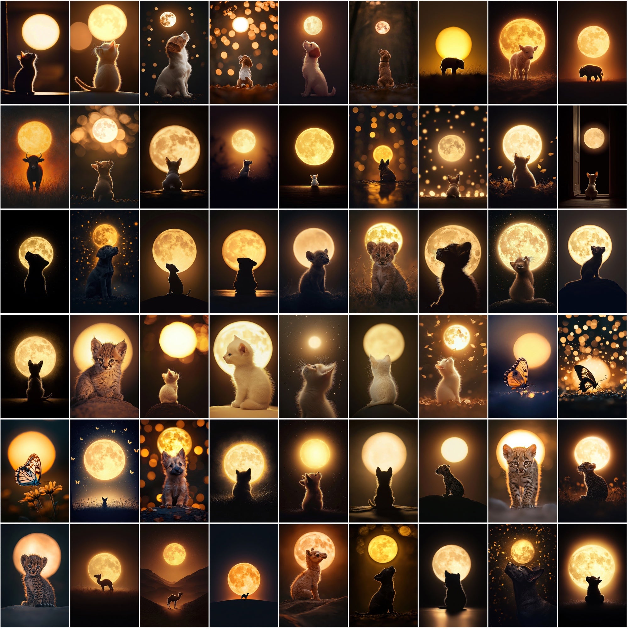 1200 Magical Animal Moon Art Prints – Try 200 Free Samples, Glowing Full Moon in Dark Golden Tones