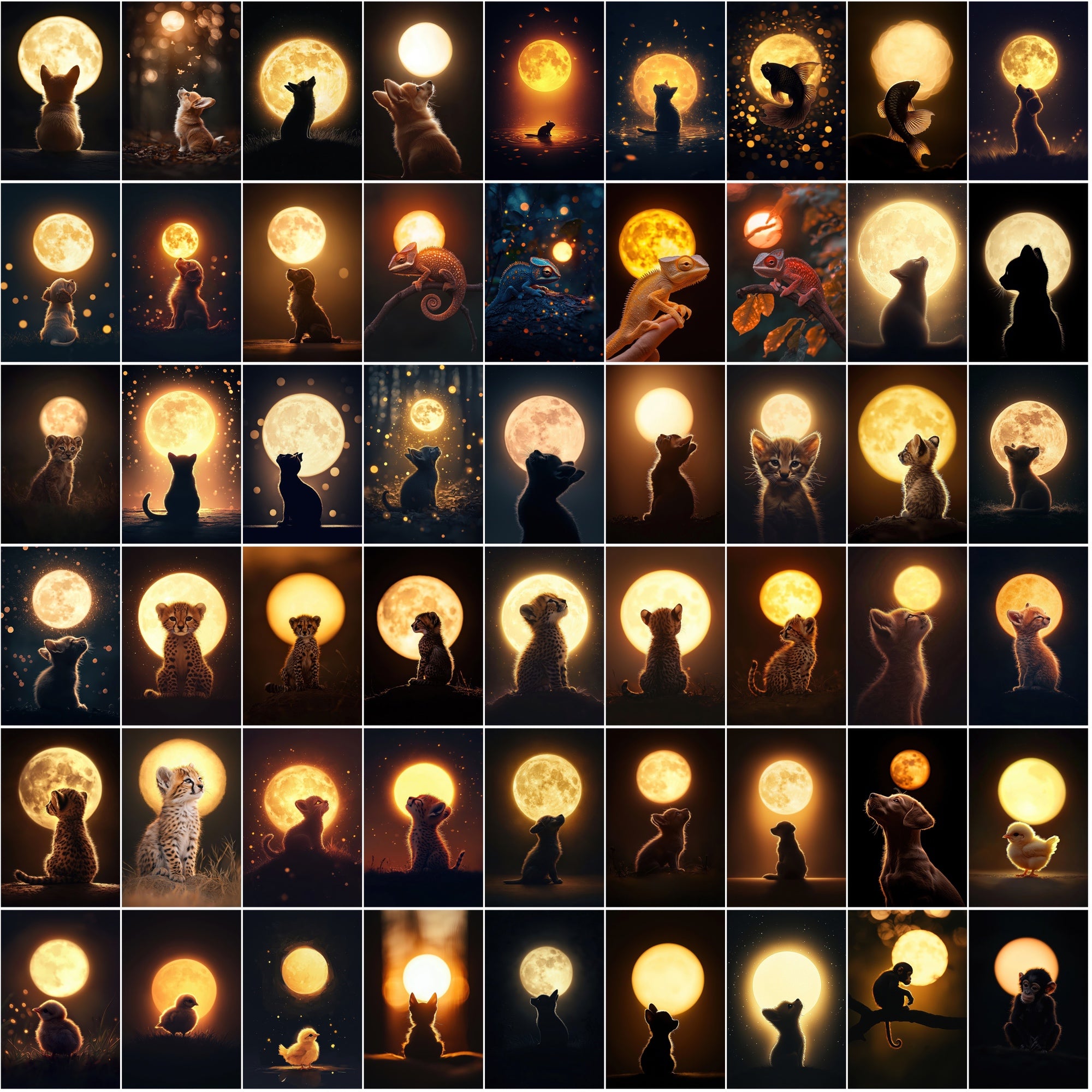 1200 Magical Animal Moon Art Prints – Try 200 Free Samples, Glowing Full Moon in Dark Golden Tones