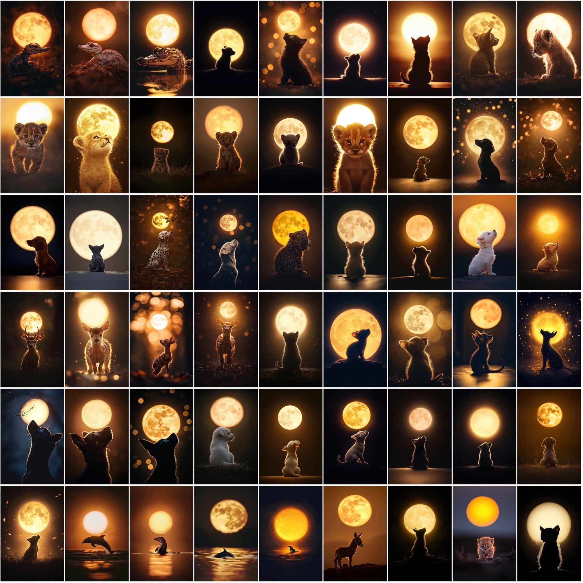 1200 Magical Animal Moon Art Prints – Try 200 Free Samples, Glowing Full Moon in Dark Golden Tones