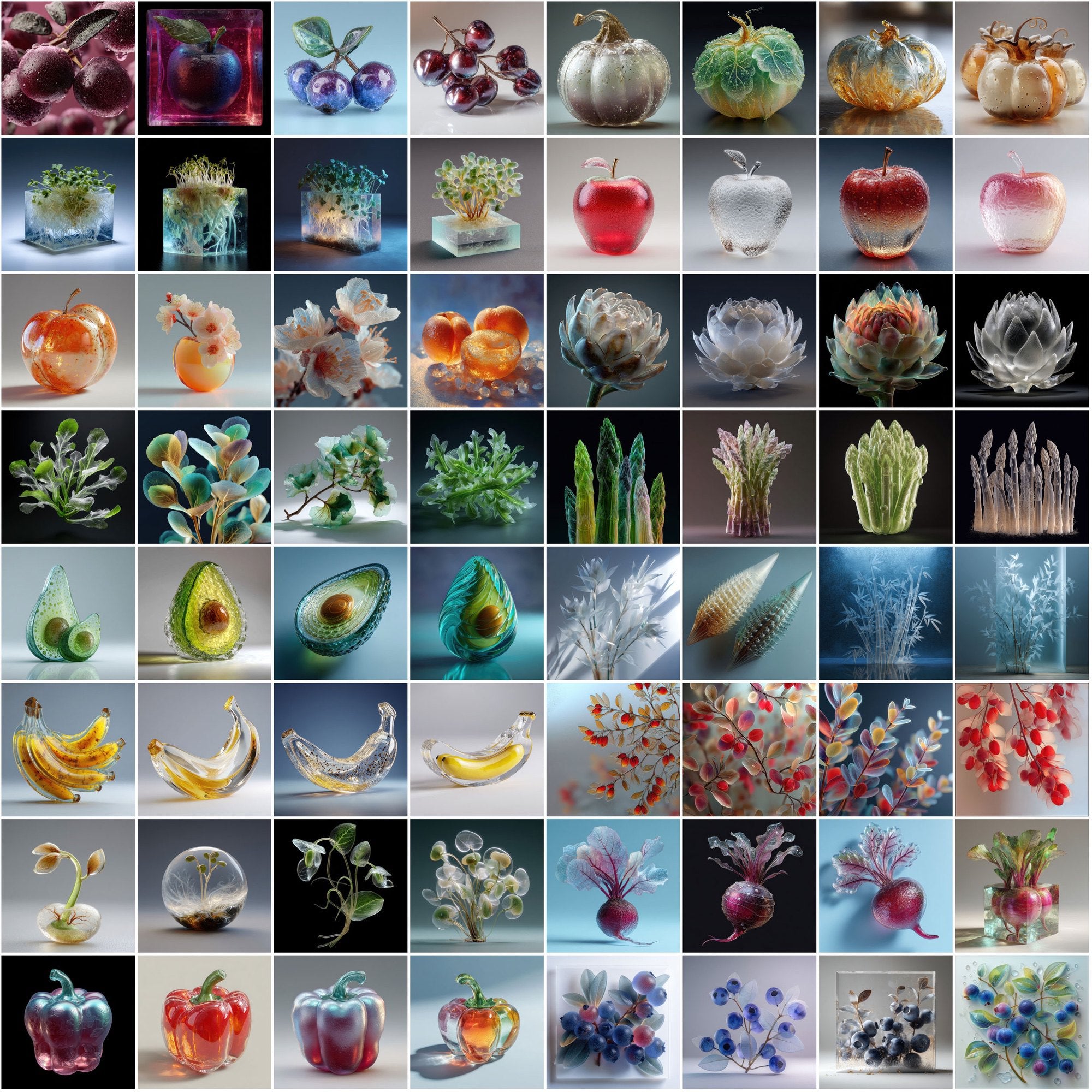 600 Frosted Glass Fruits & Veggies – High-Res JPGs for Design, Decor & Print