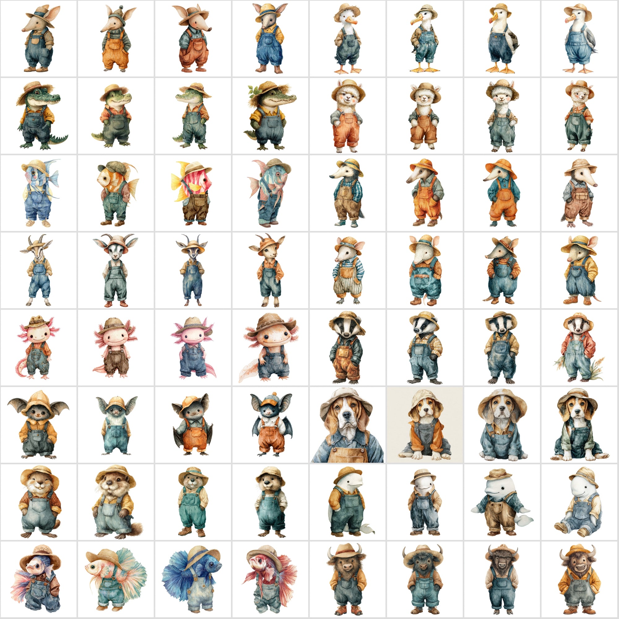 650 Cute Watercolor Animal Clipart – Adorable Animals in Corduroy Overalls & Hats