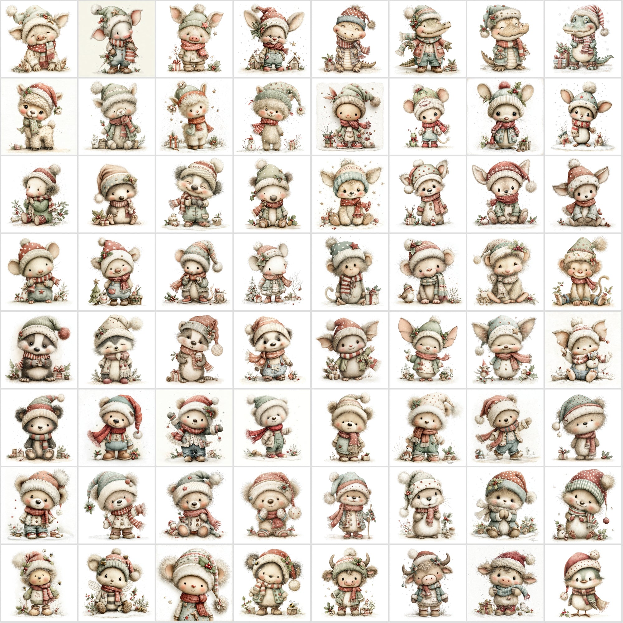 630 Baby Christmas Animal Clipart – Cute Winter Wildlife with Santa Hats & Scarves, Holiday Baby Animals, High-Resolution JPGs