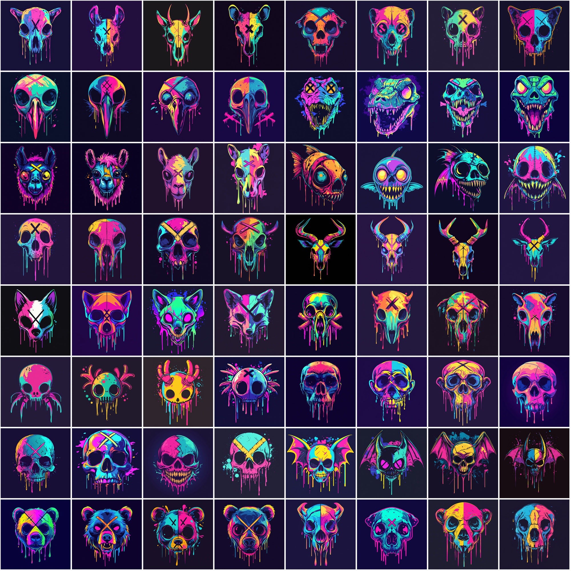 615 Dripping Skull Illustrations – Neon Animal Art, Dark Aesthetic, Commercial Use