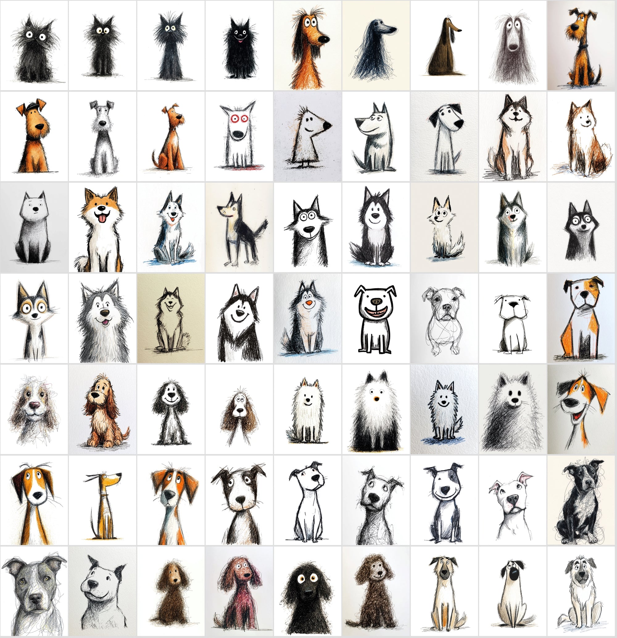 740 Dog Breed Doodle Illustrations – Quirky Sketch Clipart Bundle, Commercial License