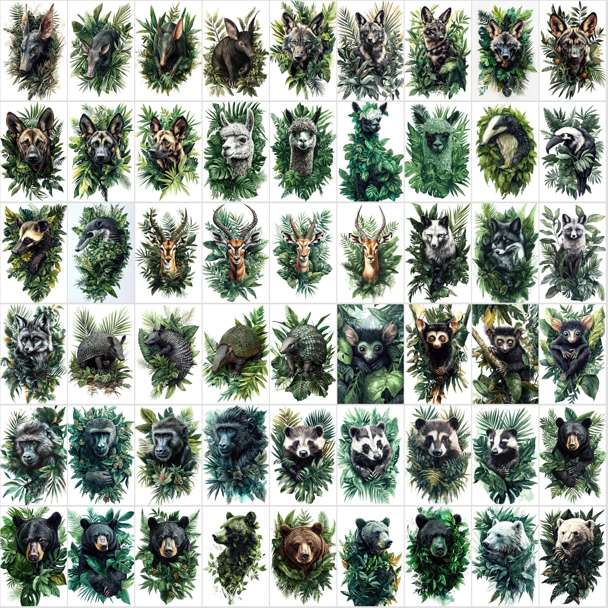 580 Animal Illustrations with Green Foliage