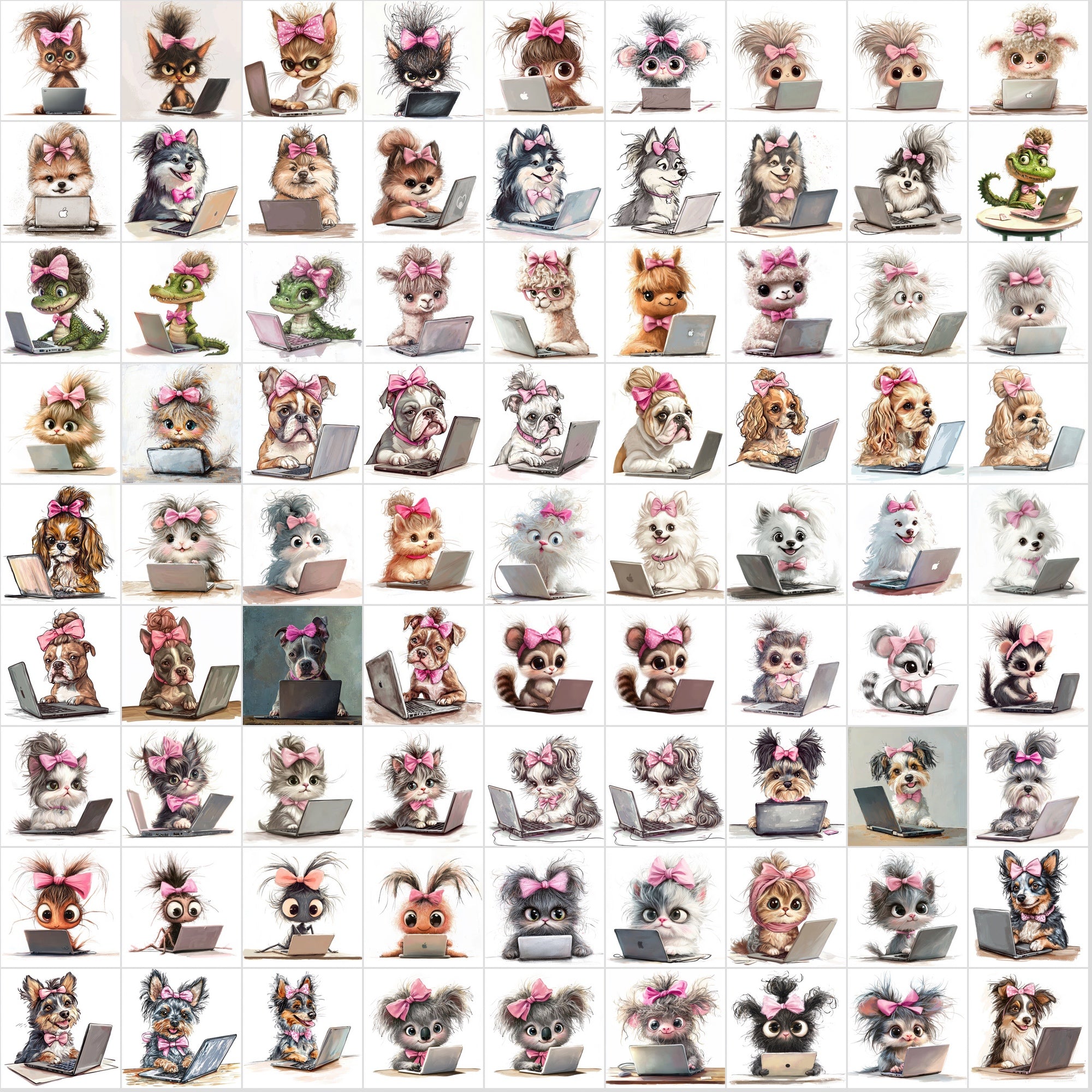 1150 Funny Hairy Animals with Pink Bows Working on Laptops