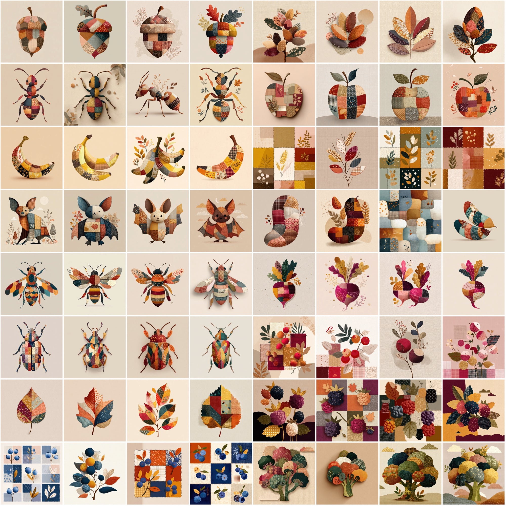 620 Cozy Patchwork Illustrations | Autumn Fabric Clipart | Stitched Fall Elements