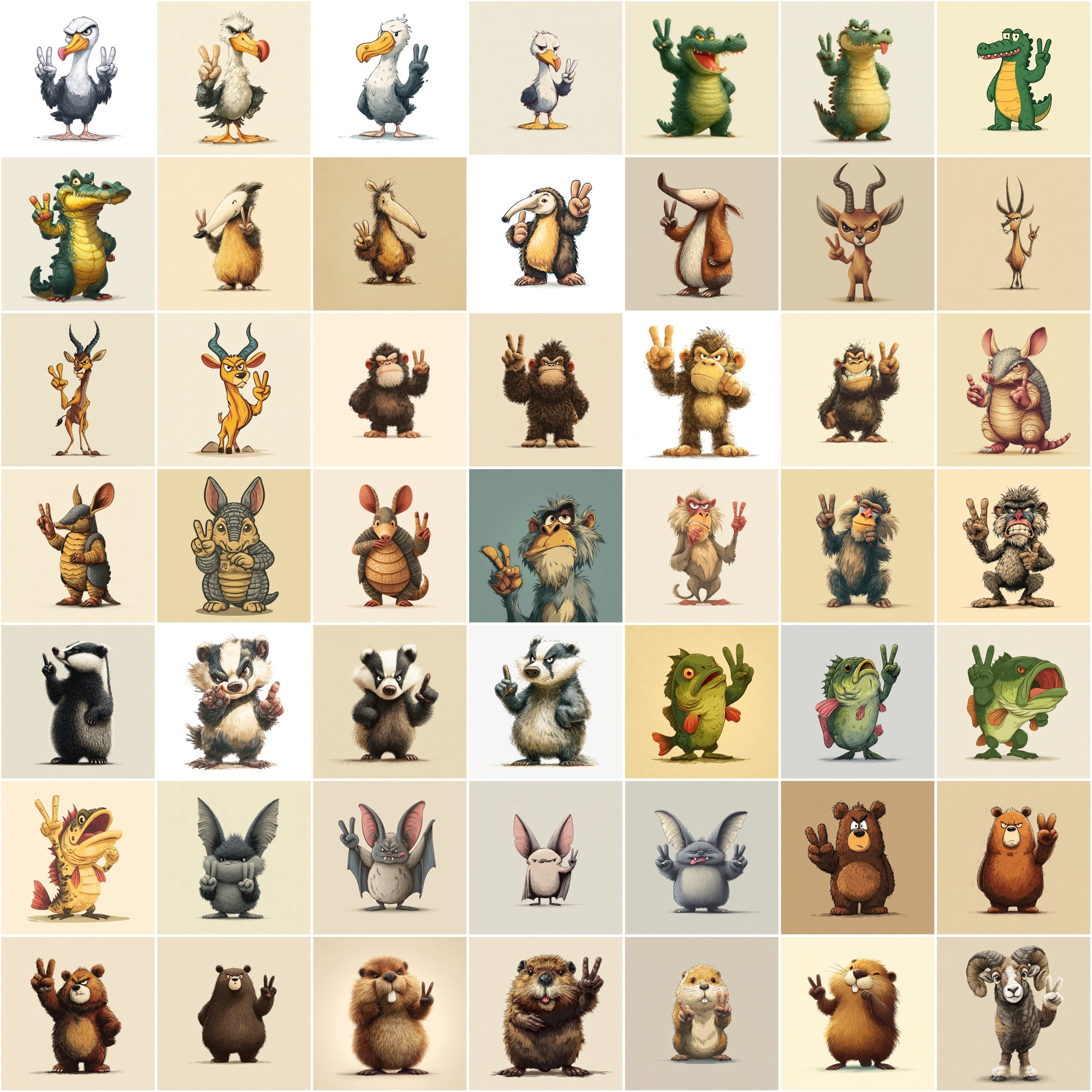 585 Peace Sign Animal Illustrations | Cute Cartoon Animals Bundle