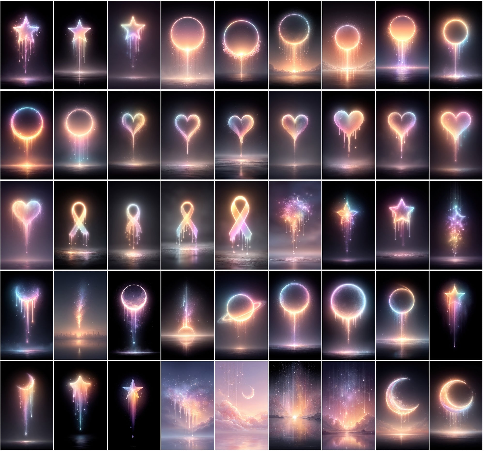 620 Glowing Rainbow Neon Images | Luminous Cosmic Art | Sparkling Dripping Stars, Moons, Clouds & Hearts