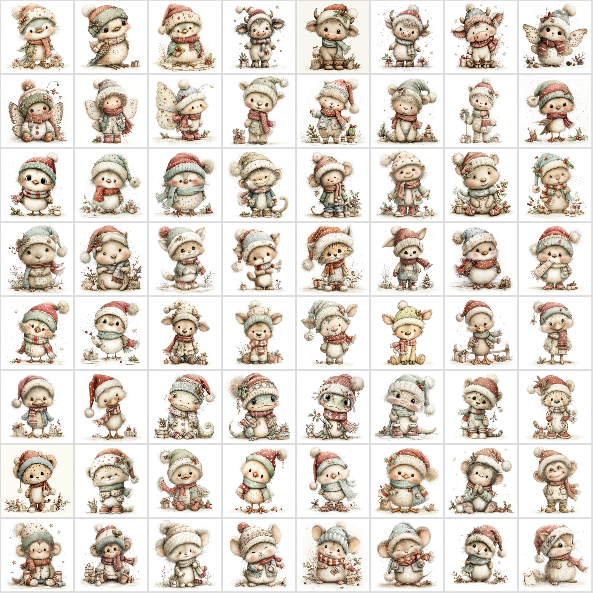 630 Baby Christmas Animal Clipart – Cute Winter Wildlife with Santa Hats & Scarves, Holiday Baby Animals, High-Resolution JPGs