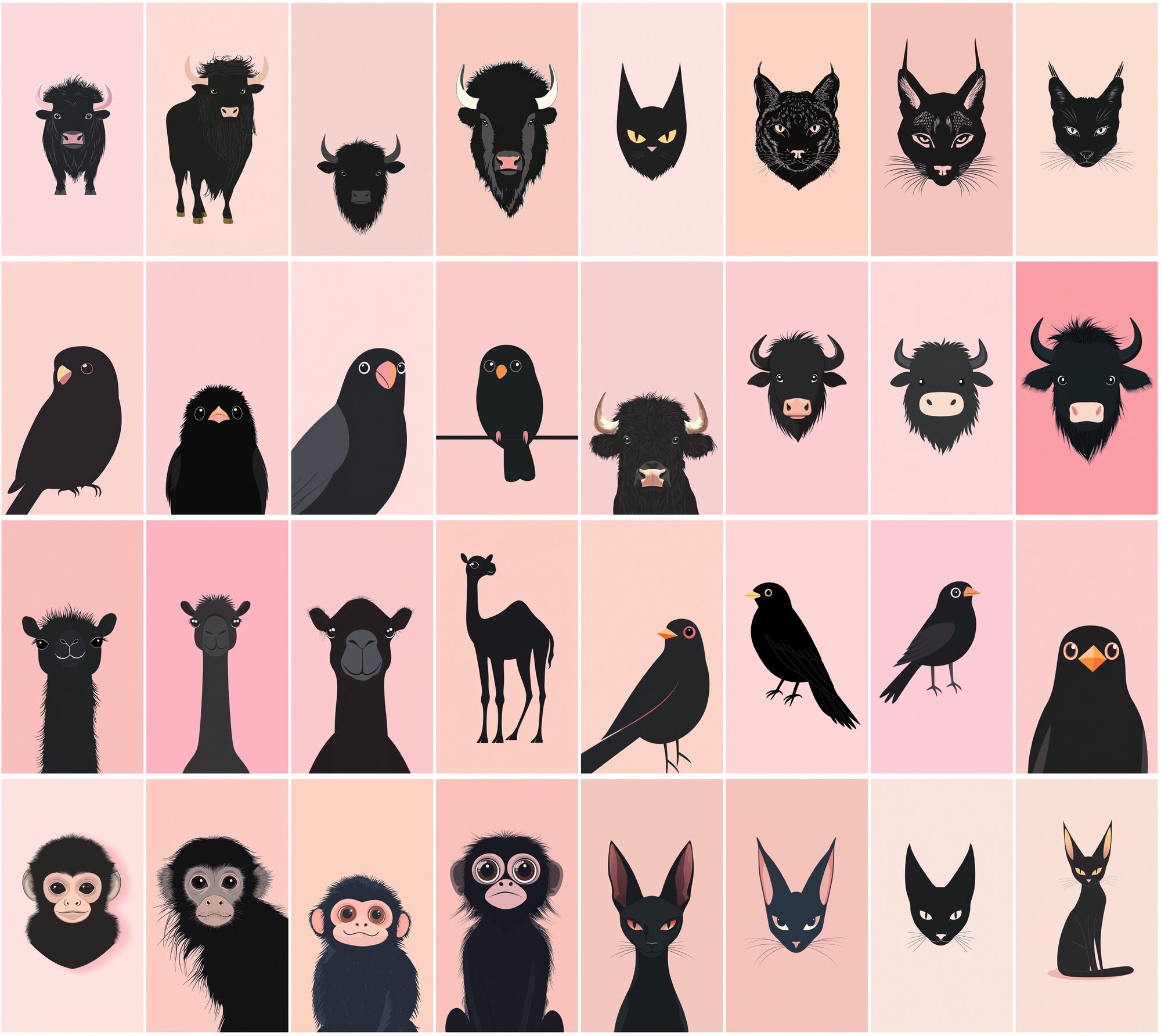 390 Minimalist Animal Illustrations on Pastel Pink Backgrounds