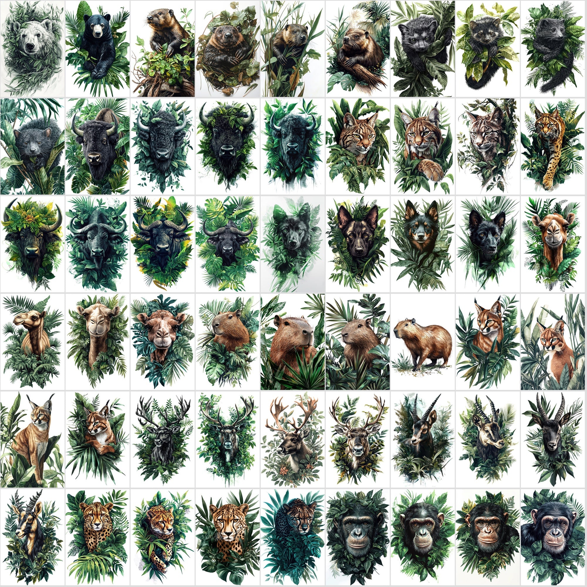 580 Animal Illustrations with Green Foliage