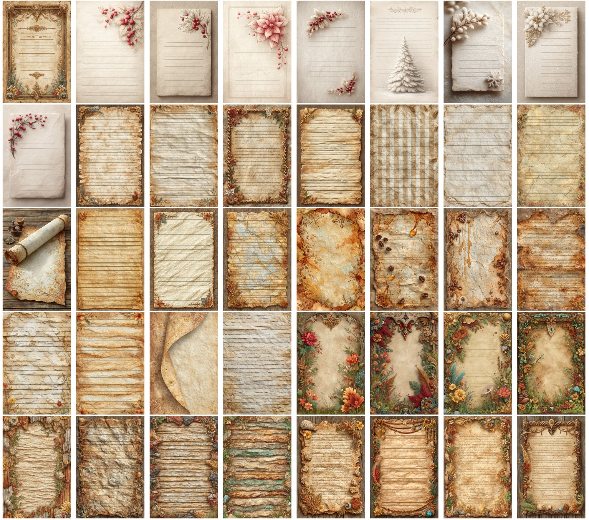 590 Vintage Christmas Parchment Pages | Lined Stationery, Antique Paper, JPG, Commercial Use