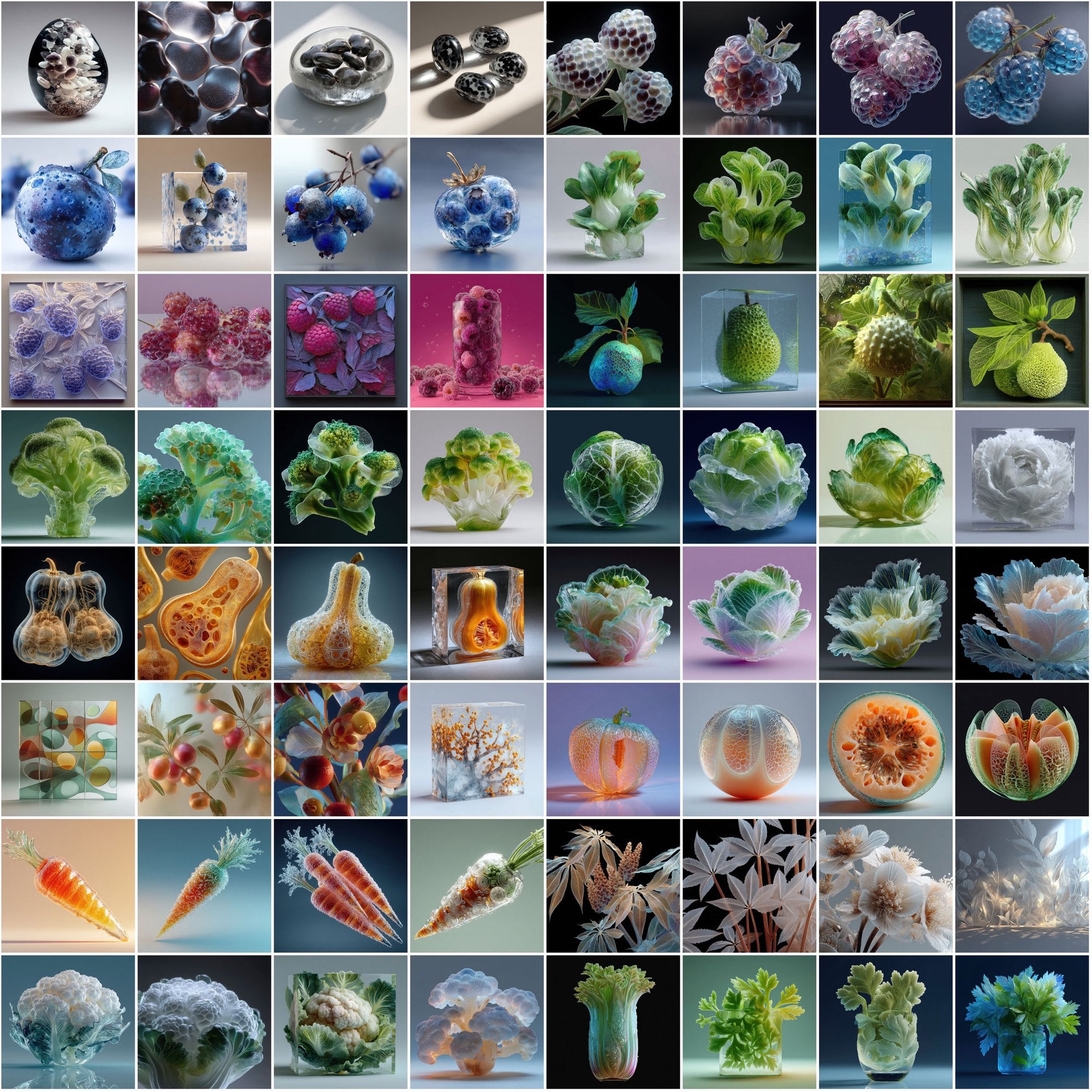 600 Frosted Glass Fruits & Veggies – High-Res JPGs for Design, Decor & Print