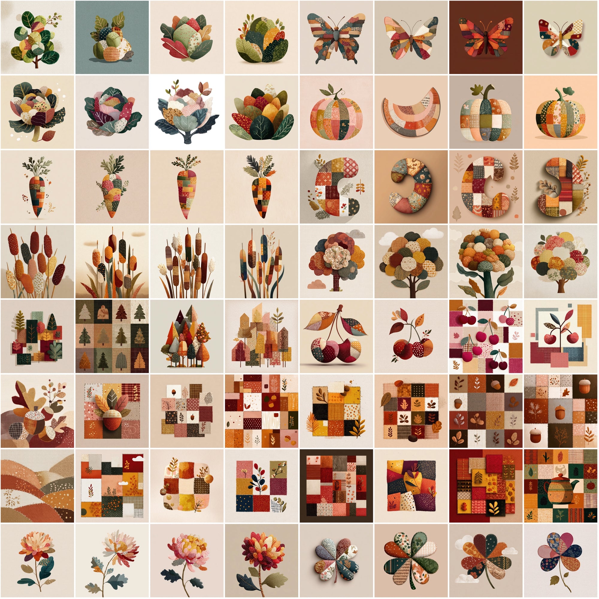 620 Cozy Patchwork Illustrations | Autumn Fabric Clipart | Stitched Fall Elements