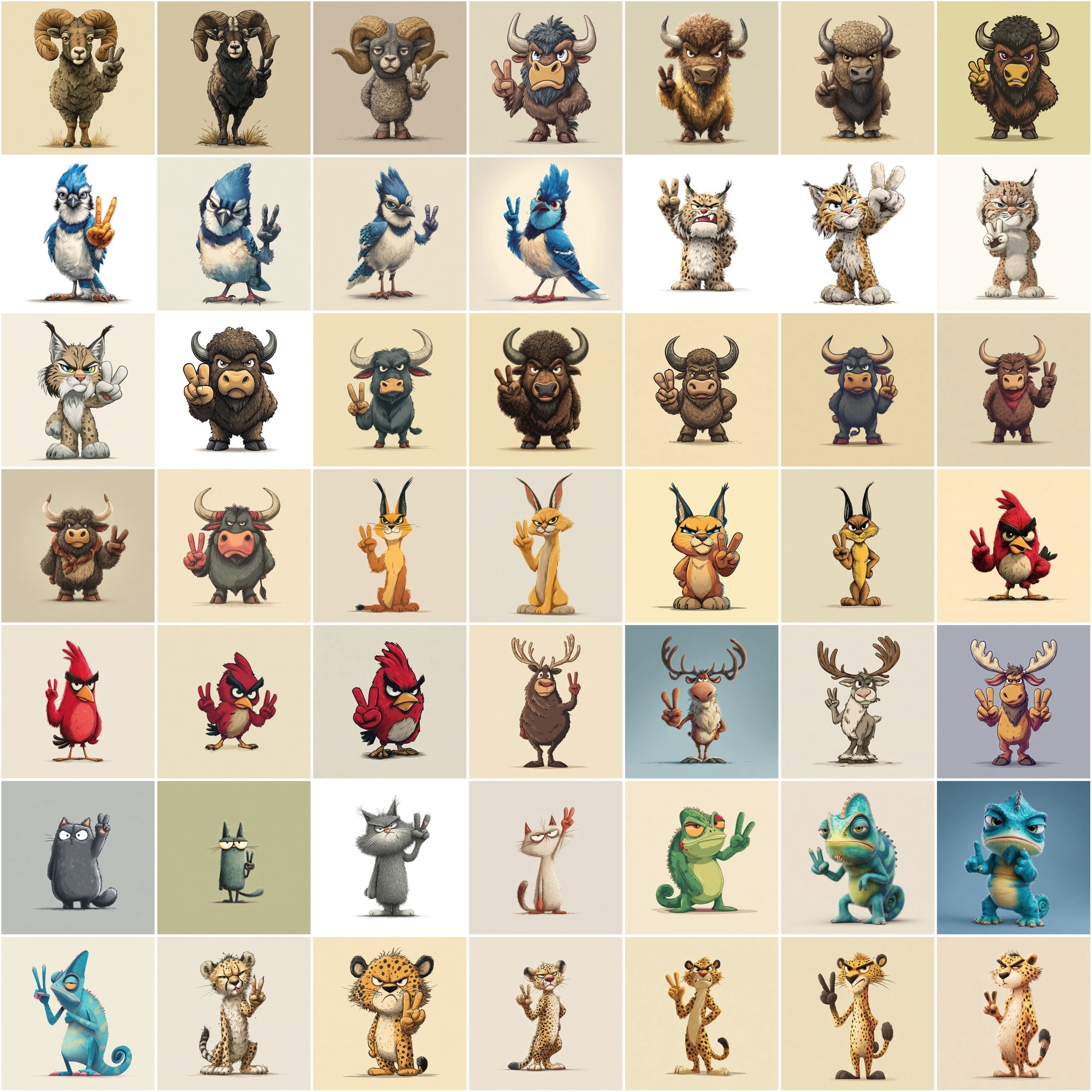 585 Peace Sign Animal Illustrations | Cute Cartoon Animals Bundle
