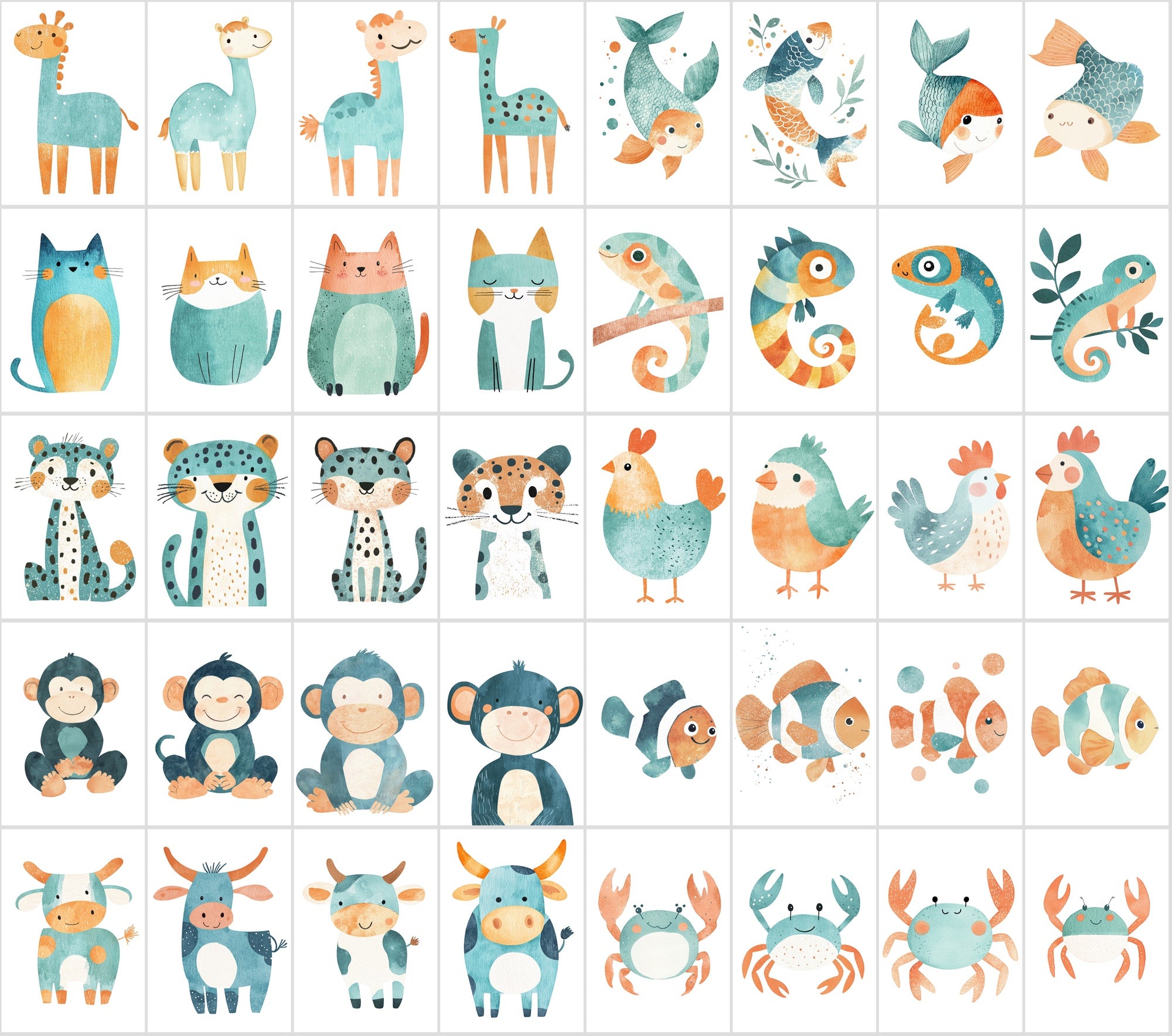 400 Teal & Orange Minimalist Animal Illustrations | Commercial License