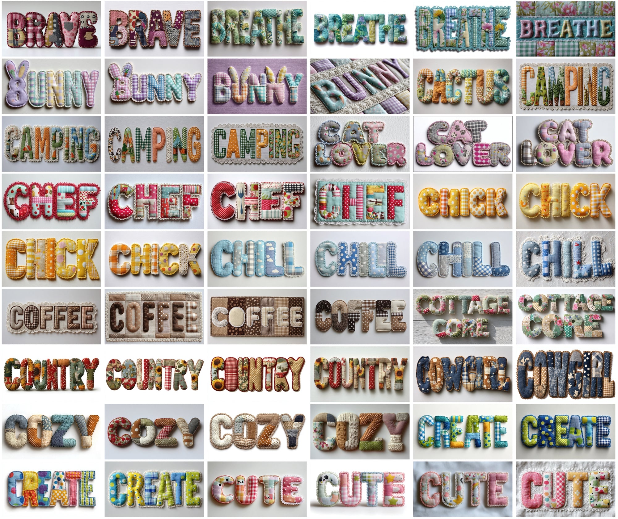 420 Fabric Patchwork Word Art Images | Retro Bubble Font Quilt Applique