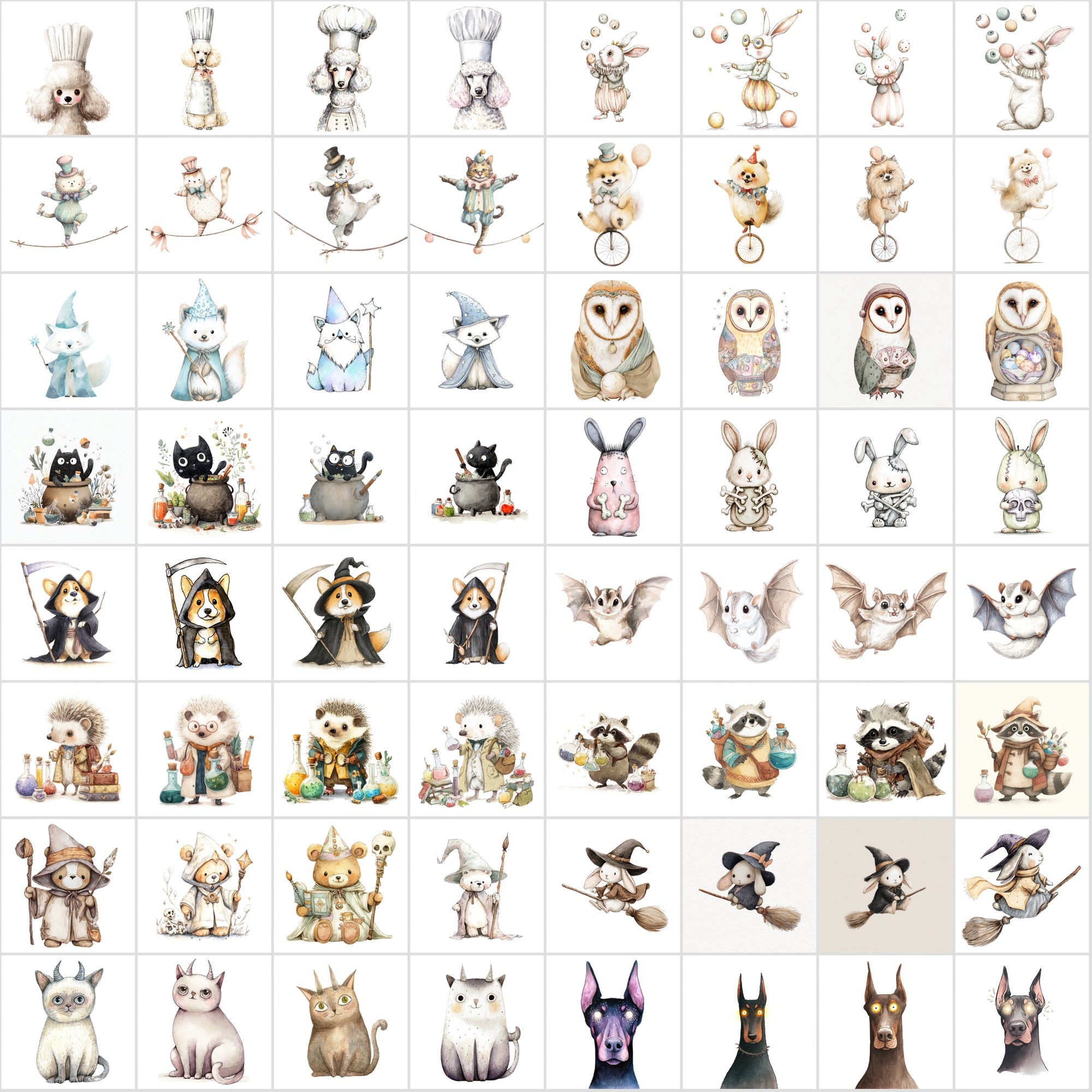 600 Cute Halloween Animal Clipart, Whimsical Spooky Critters Bundle, Watercolor Graphics, Commercial Use JPG, Digital Download