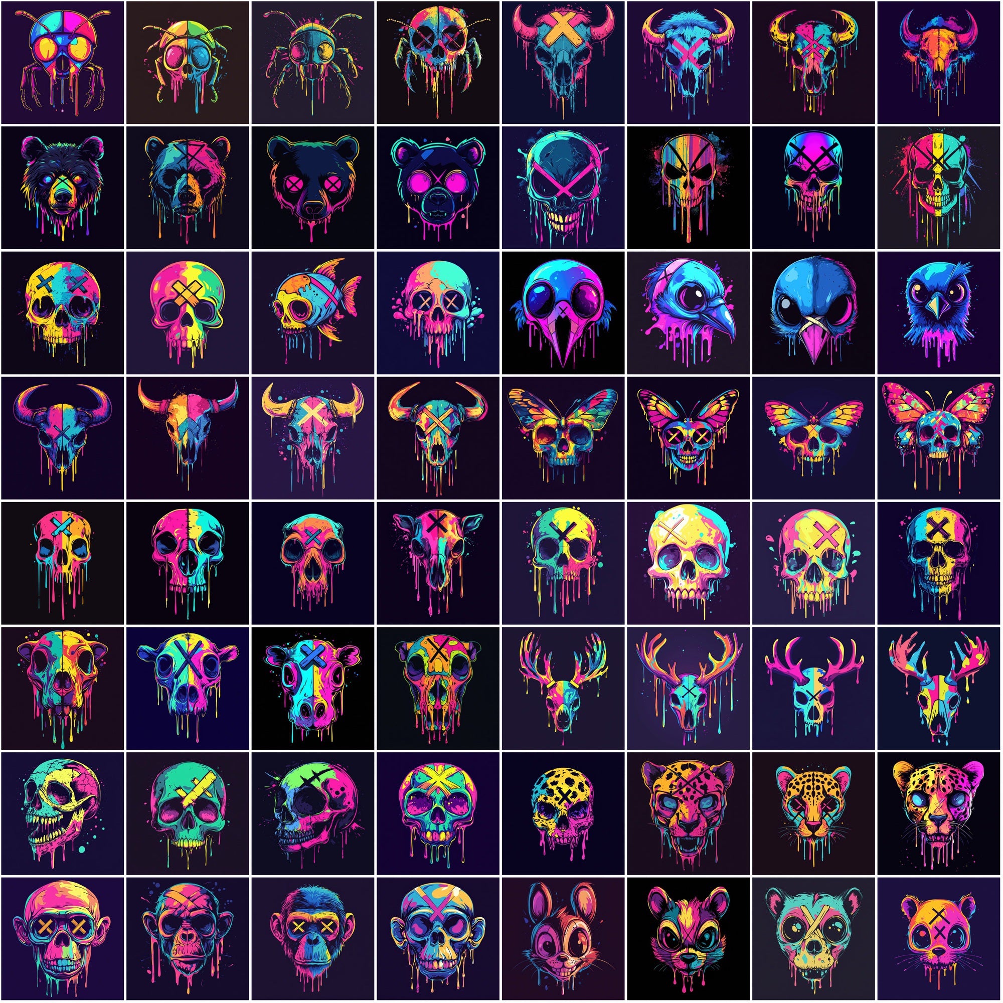 615 Dripping Skull Illustrations – Neon Animal Art, Dark Aesthetic, Commercial Use