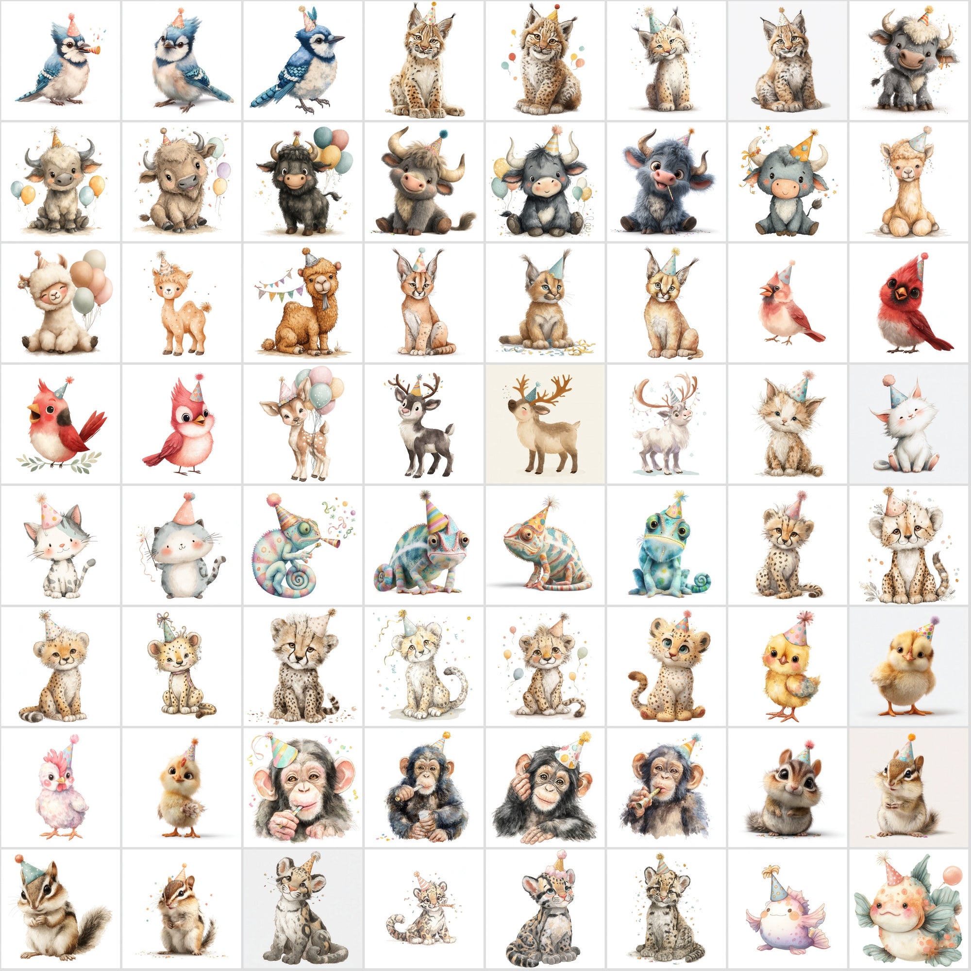 600 Cute Party Animal Clipart | Birthday Animal Illustrations | Pastel Baby Animal Graphics