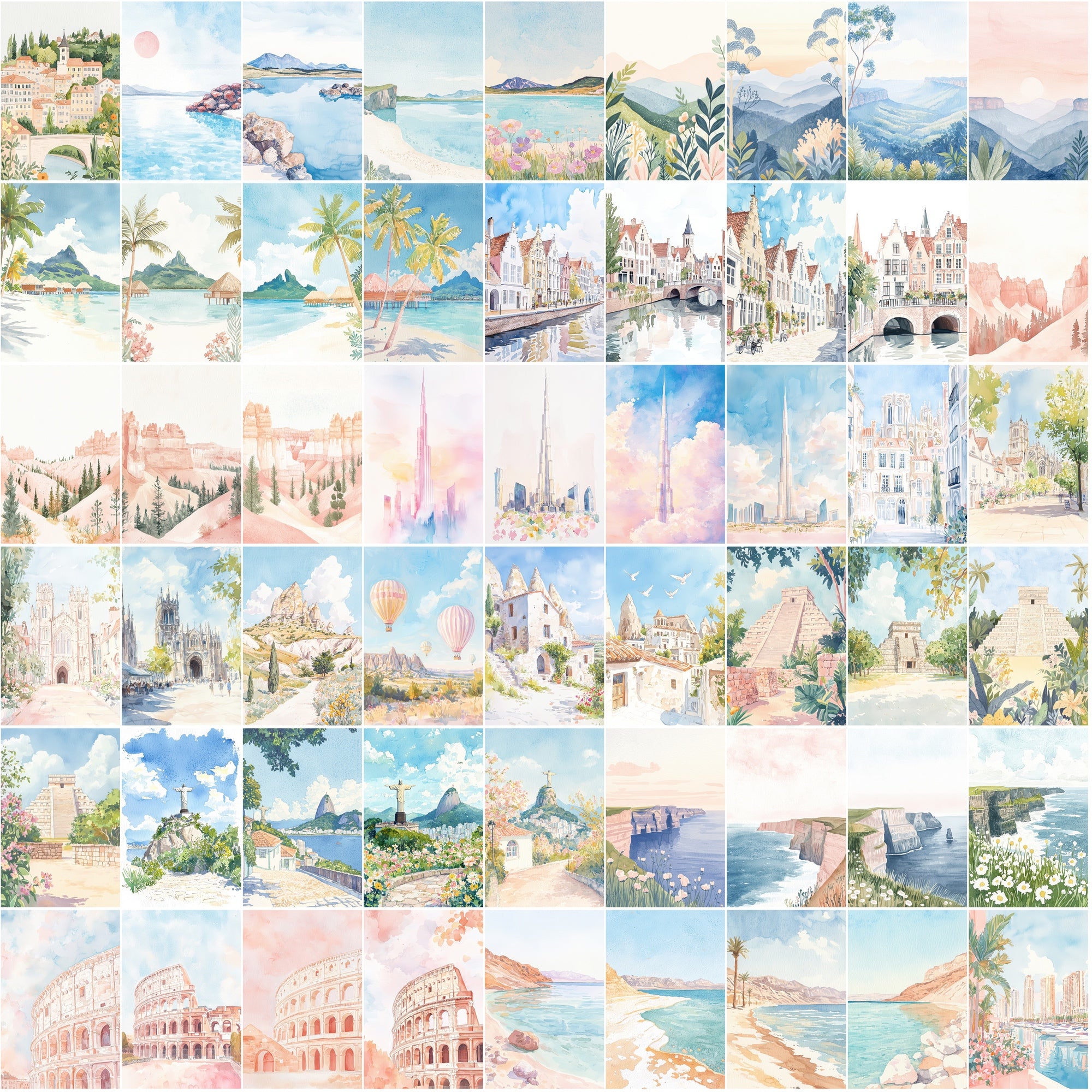 520 Gouache World Landmarks Illustrations | Pastel Color Travel Art