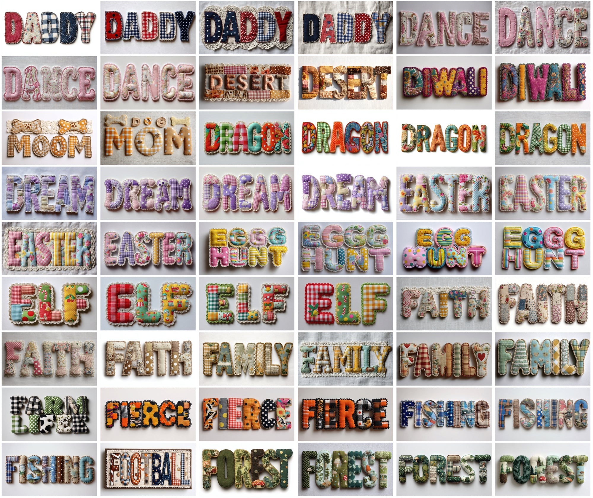 420 Fabric Patchwork Word Art Images | Retro Bubble Font Quilt Applique