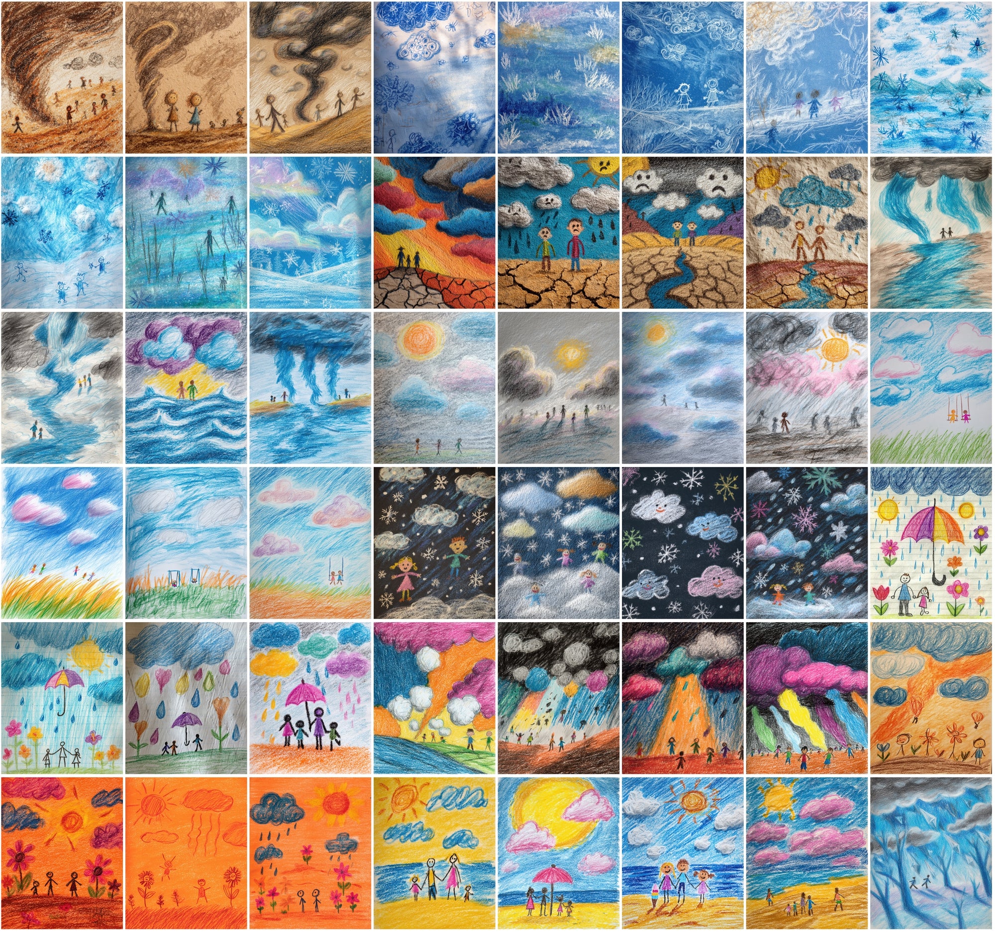 560 Kids Crayon Drawing Illustrations – Whimsical Weather-Themed JPG Art with Commercial License