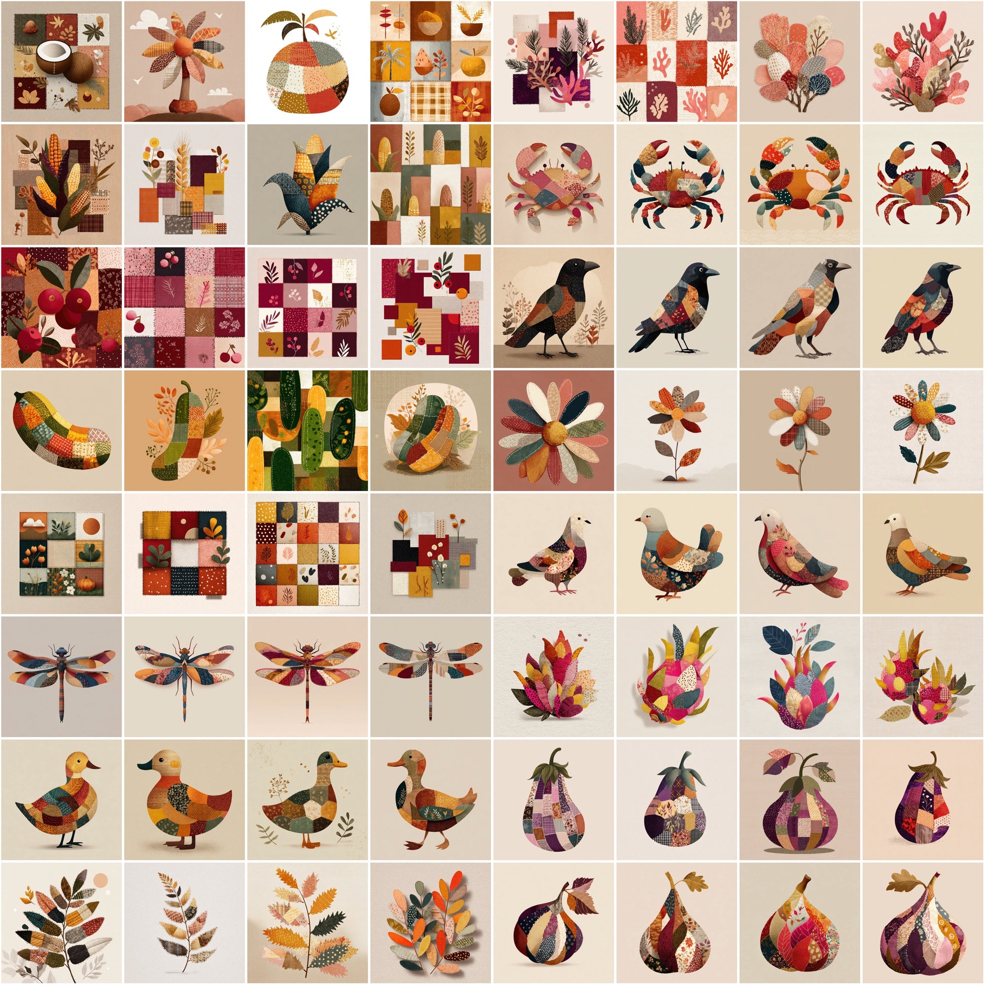620 Cozy Patchwork Illustrations | Autumn Fabric Clipart | Stitched Fall Elements