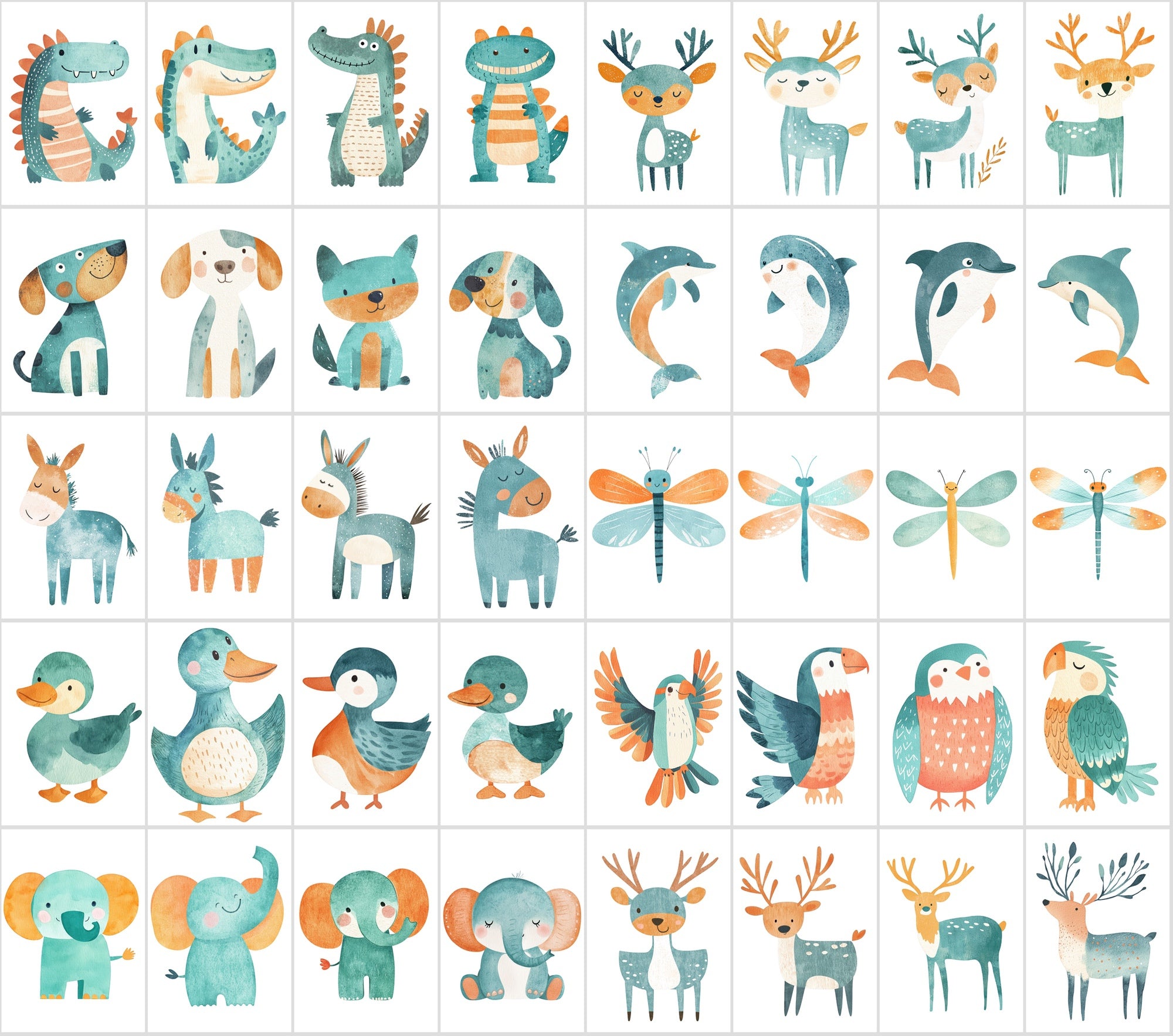 400 Teal & Orange Minimalist Animal Illustrations | Commercial License