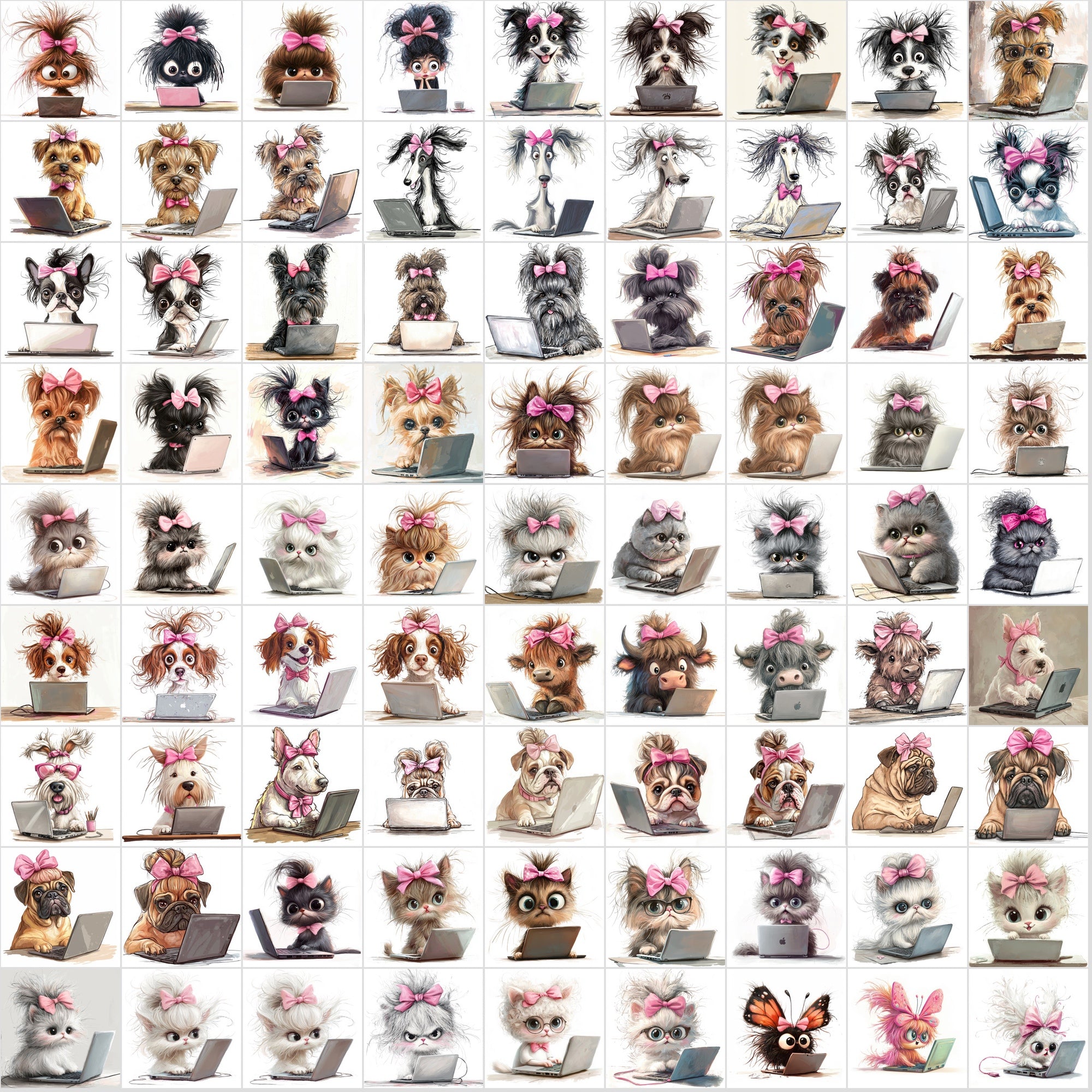 1150 Funny Hairy Animals with Pink Bows Working on Laptops