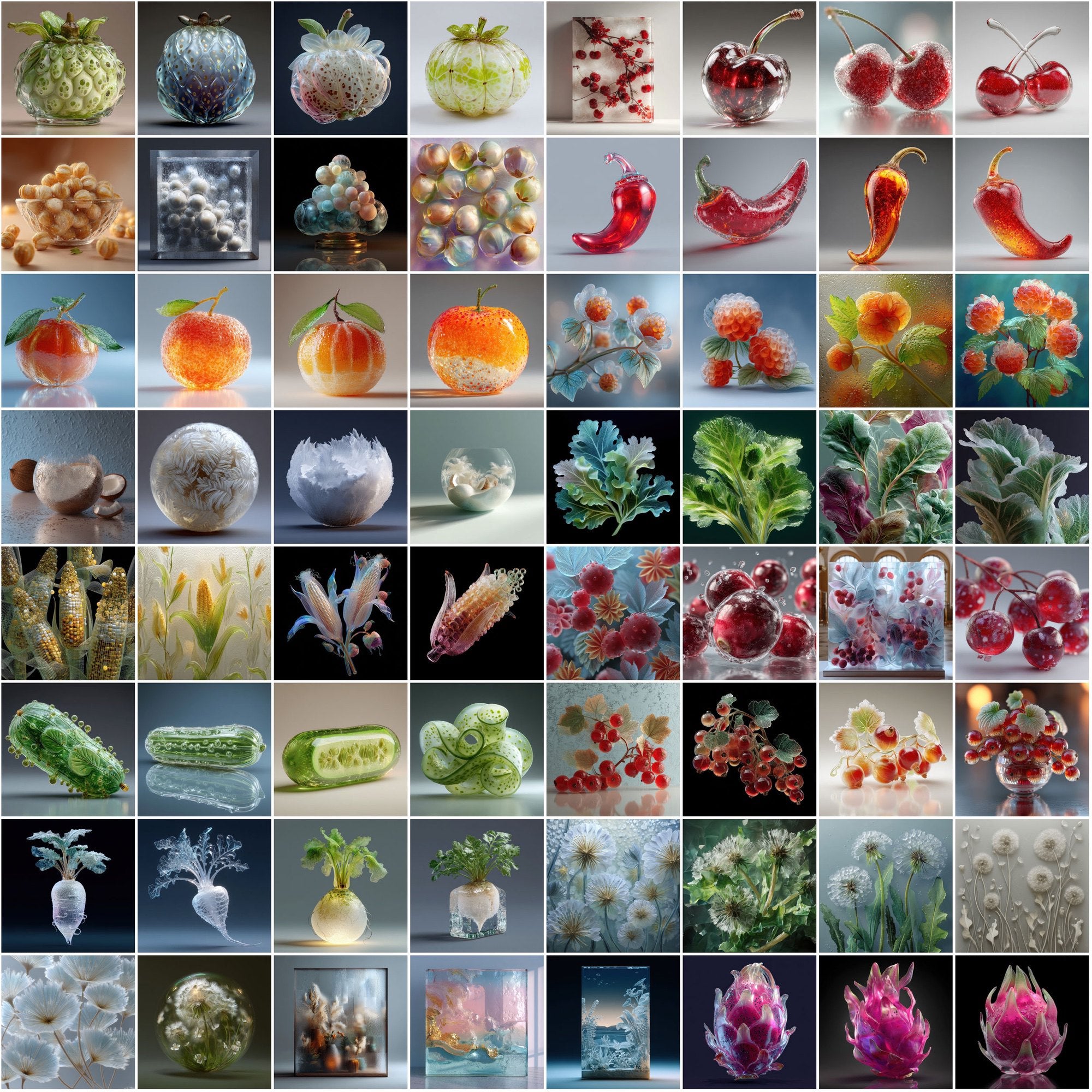 600 Frosted Glass Fruits & Veggies – High-Res JPGs for Design, Decor & Print