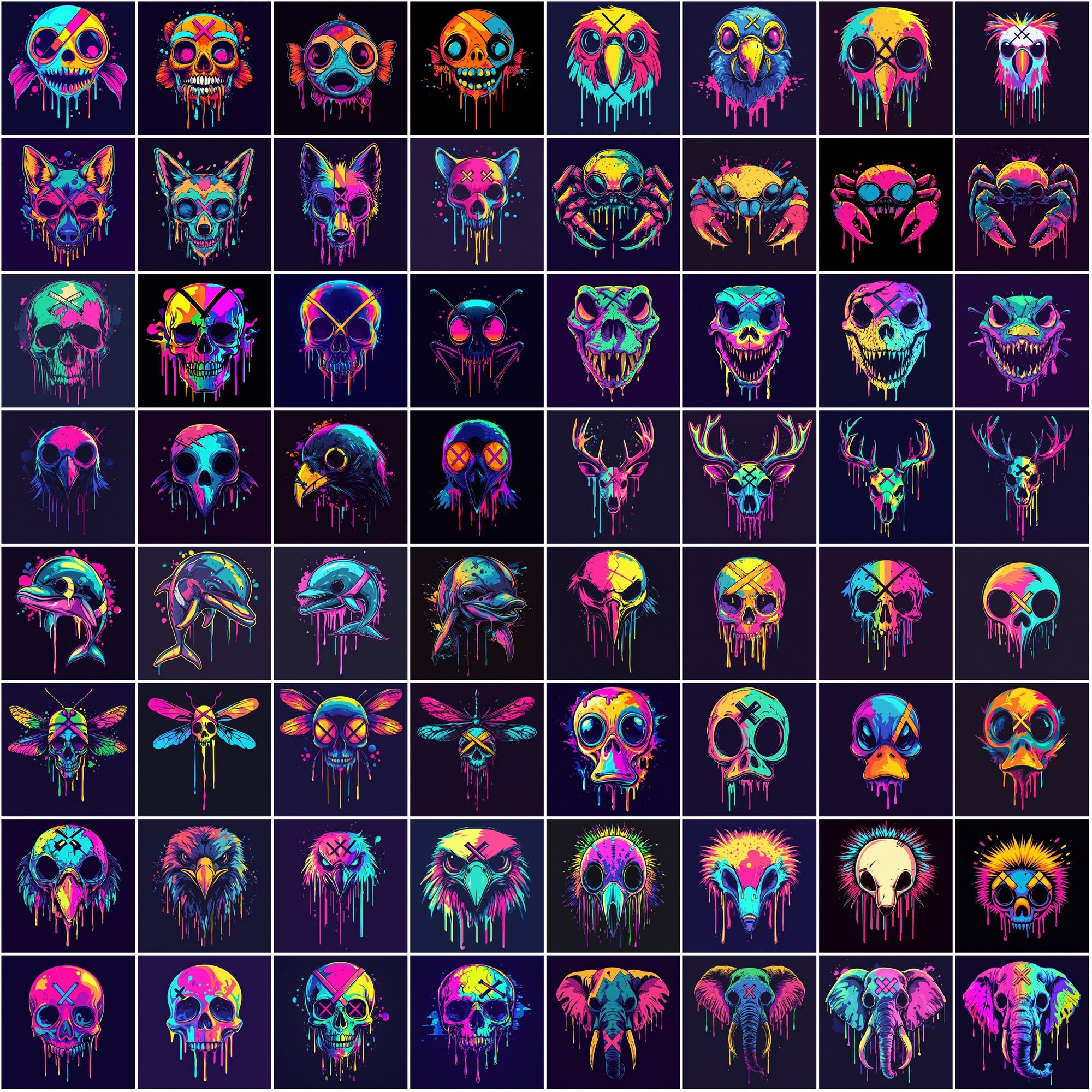 615 Dripping Skull Illustrations – Neon Animal Art, Dark Aesthetic, Commercial Use