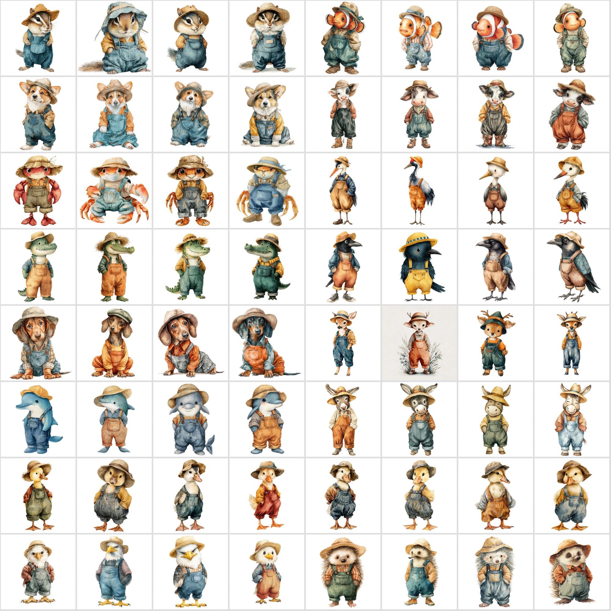 650 Cute Watercolor Animal Clipart – Adorable Animals in Corduroy Overalls & Hats