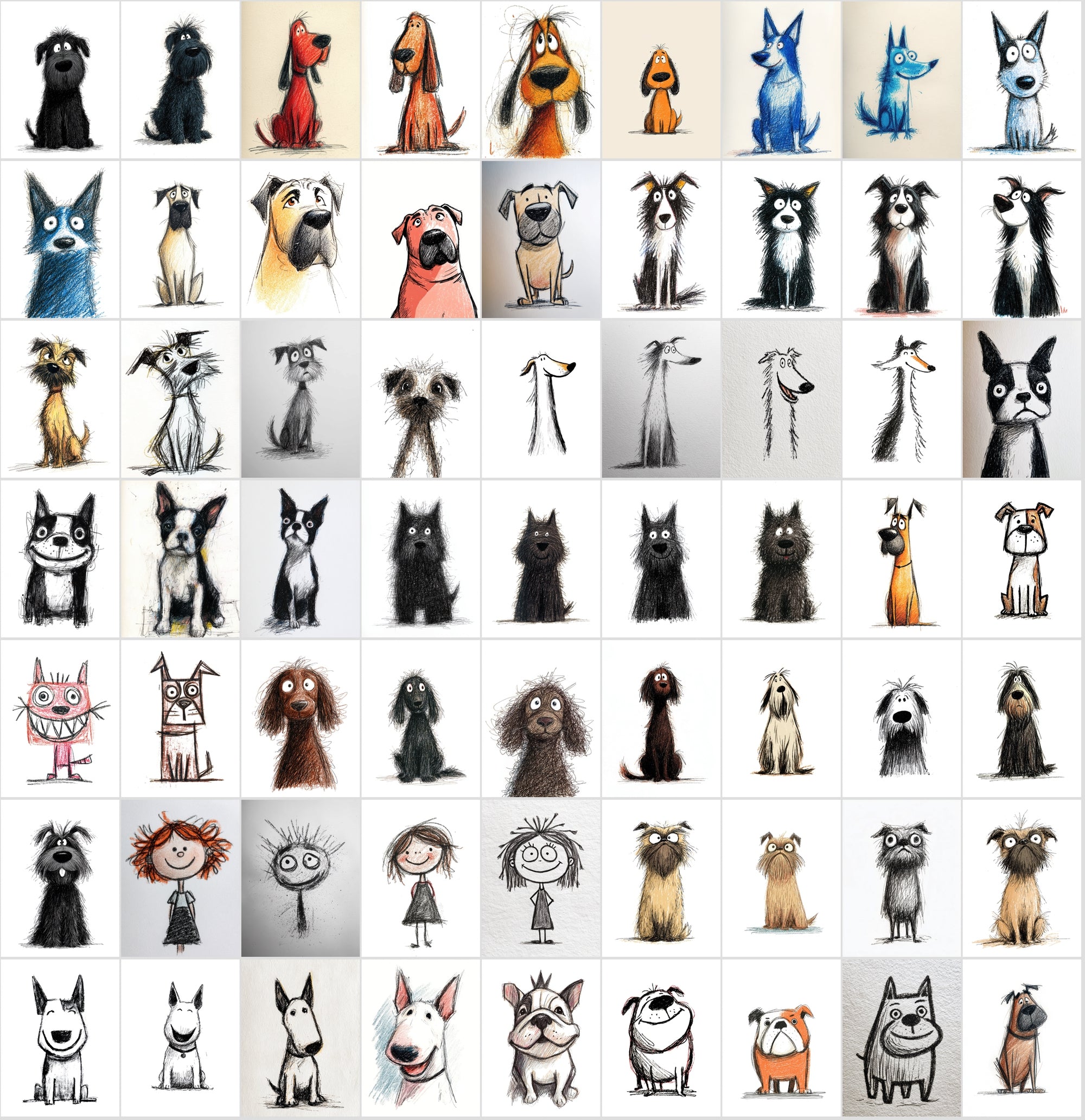 740 Dog Breed Doodle Illustrations – Quirky Sketch Clipart Bundle, Commercial License