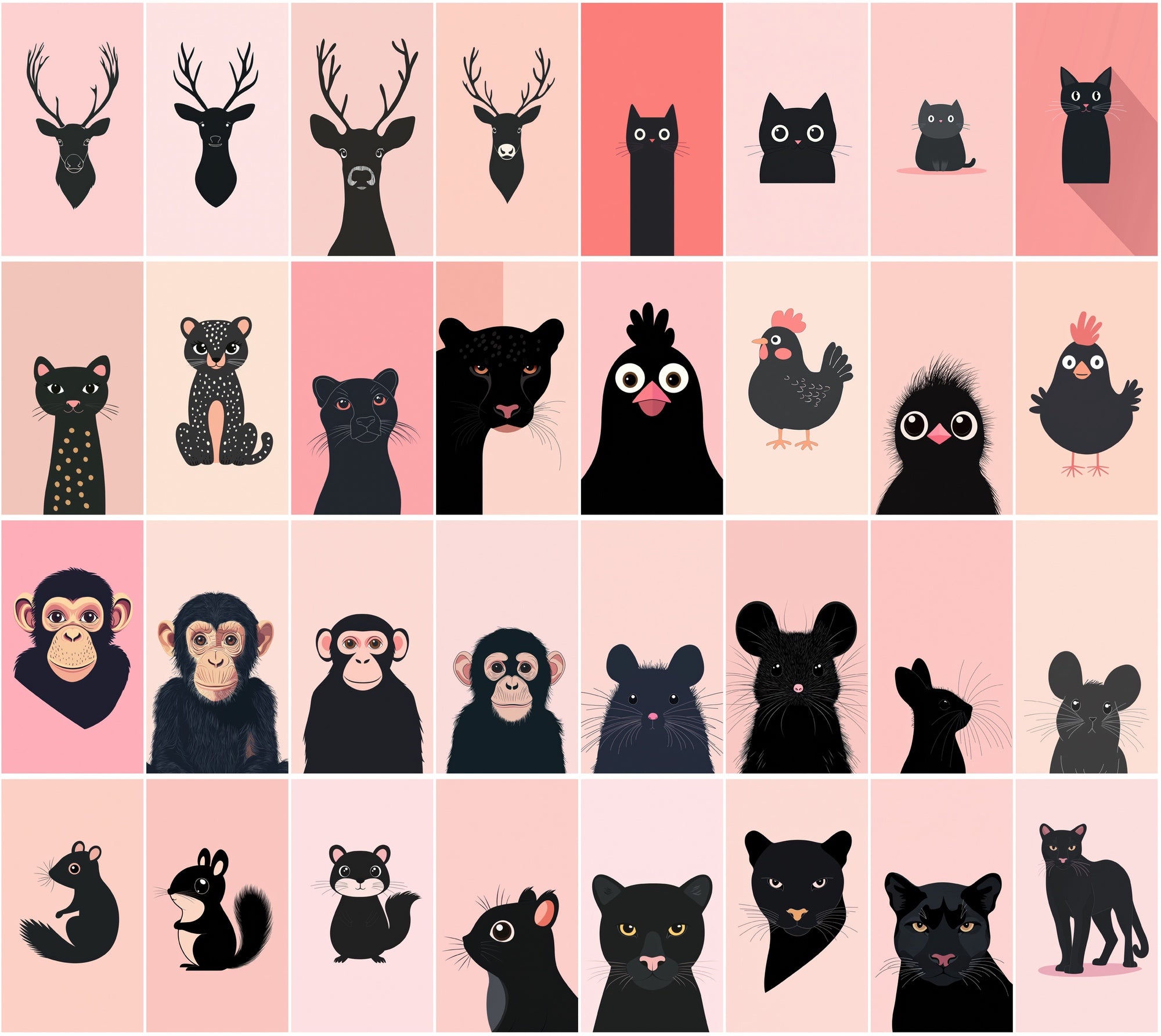 390 Minimalist Animal Illustrations on Pastel Pink Backgrounds