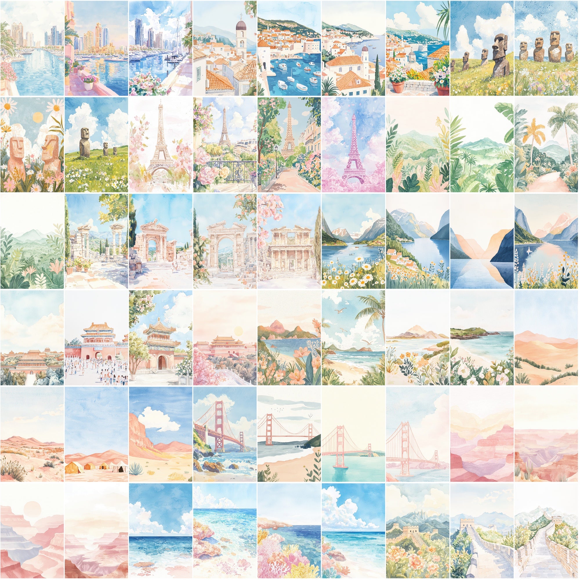 520 Gouache World Landmarks Illustrations | Pastel Color Travel Art