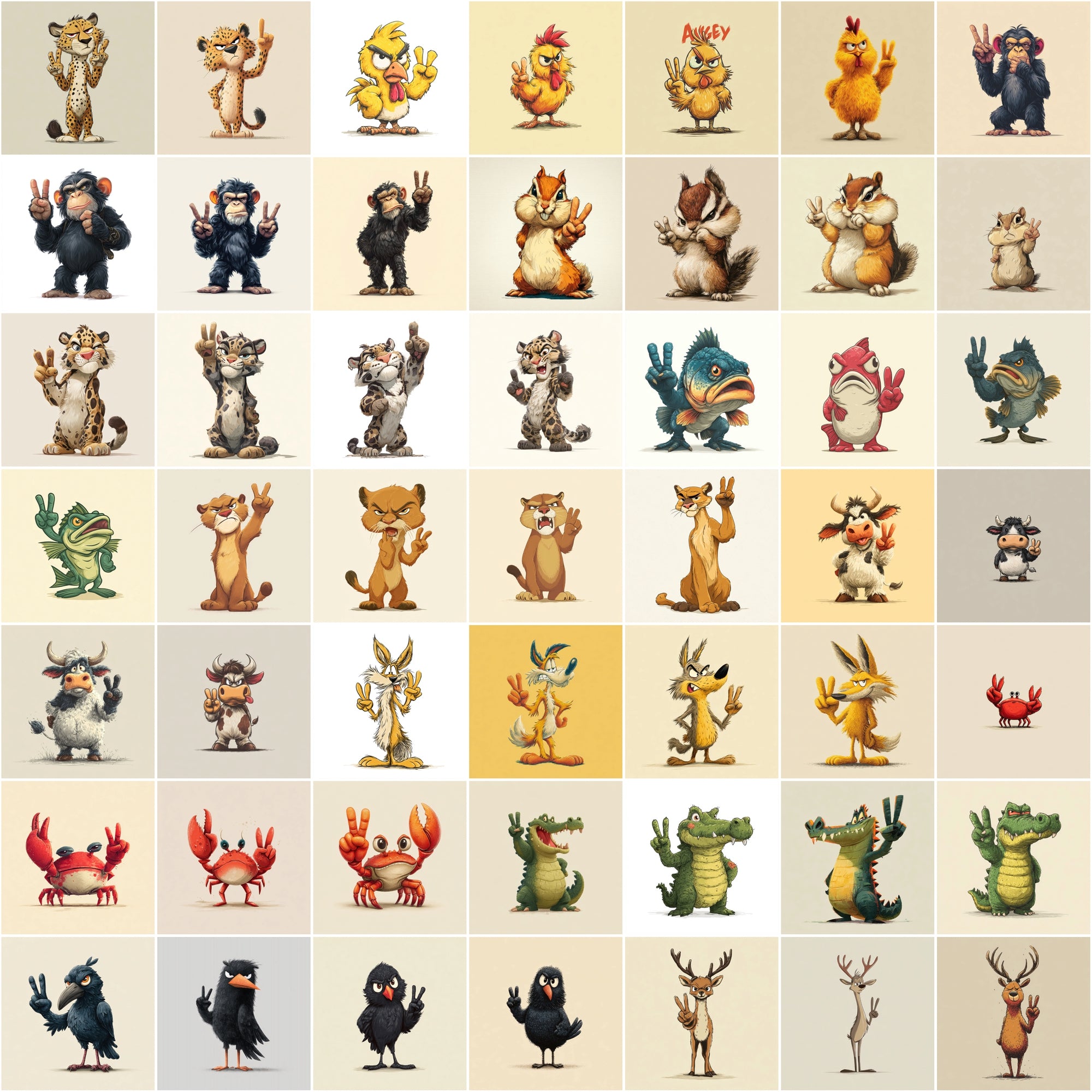 585 Peace Sign Animal Illustrations | Cute Cartoon Animals Bundle