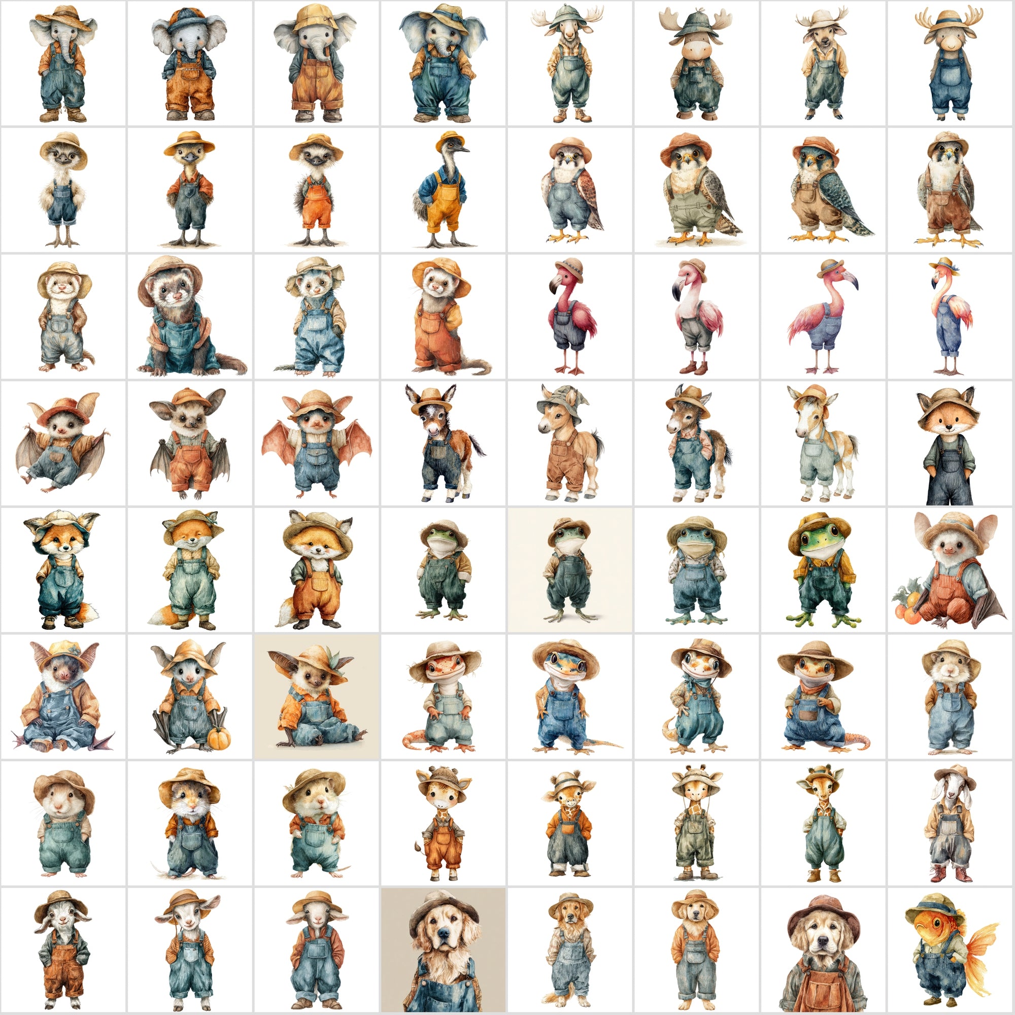 650 Cute Watercolor Animal Clipart – Adorable Animals in Corduroy Overalls & Hats