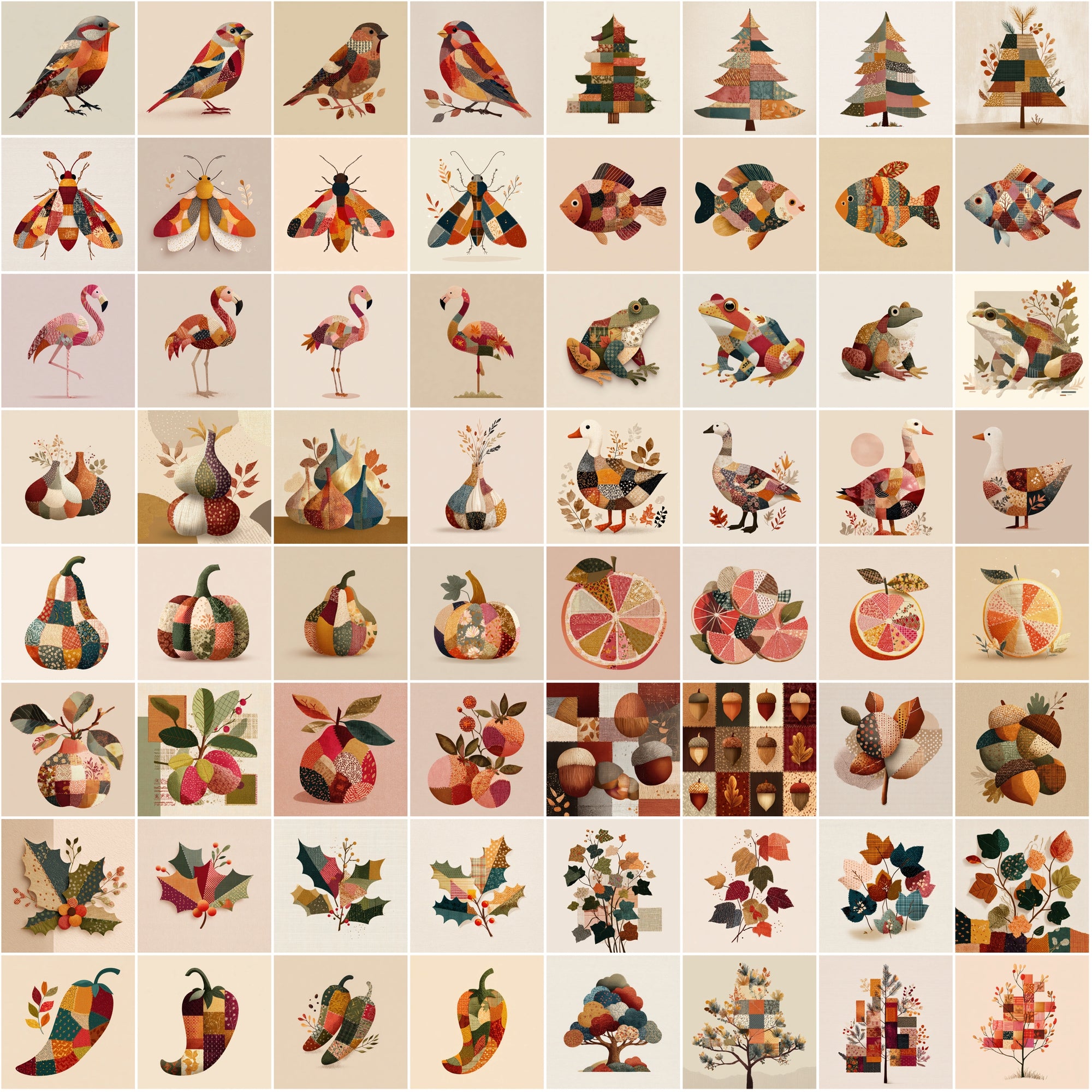 620 Cozy Patchwork Illustrations | Autumn Fabric Clipart | Stitched Fall Elements