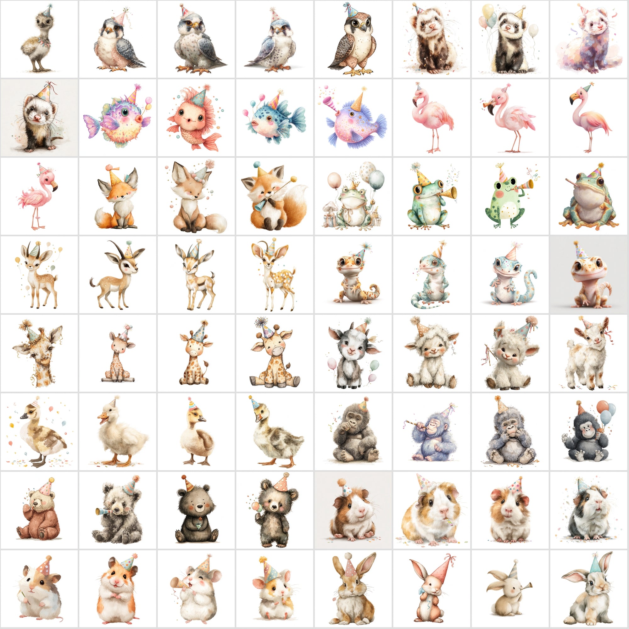 600 Cute Party Animal Clipart | Birthday Animal Illustrations | Pastel Baby Animal Graphics