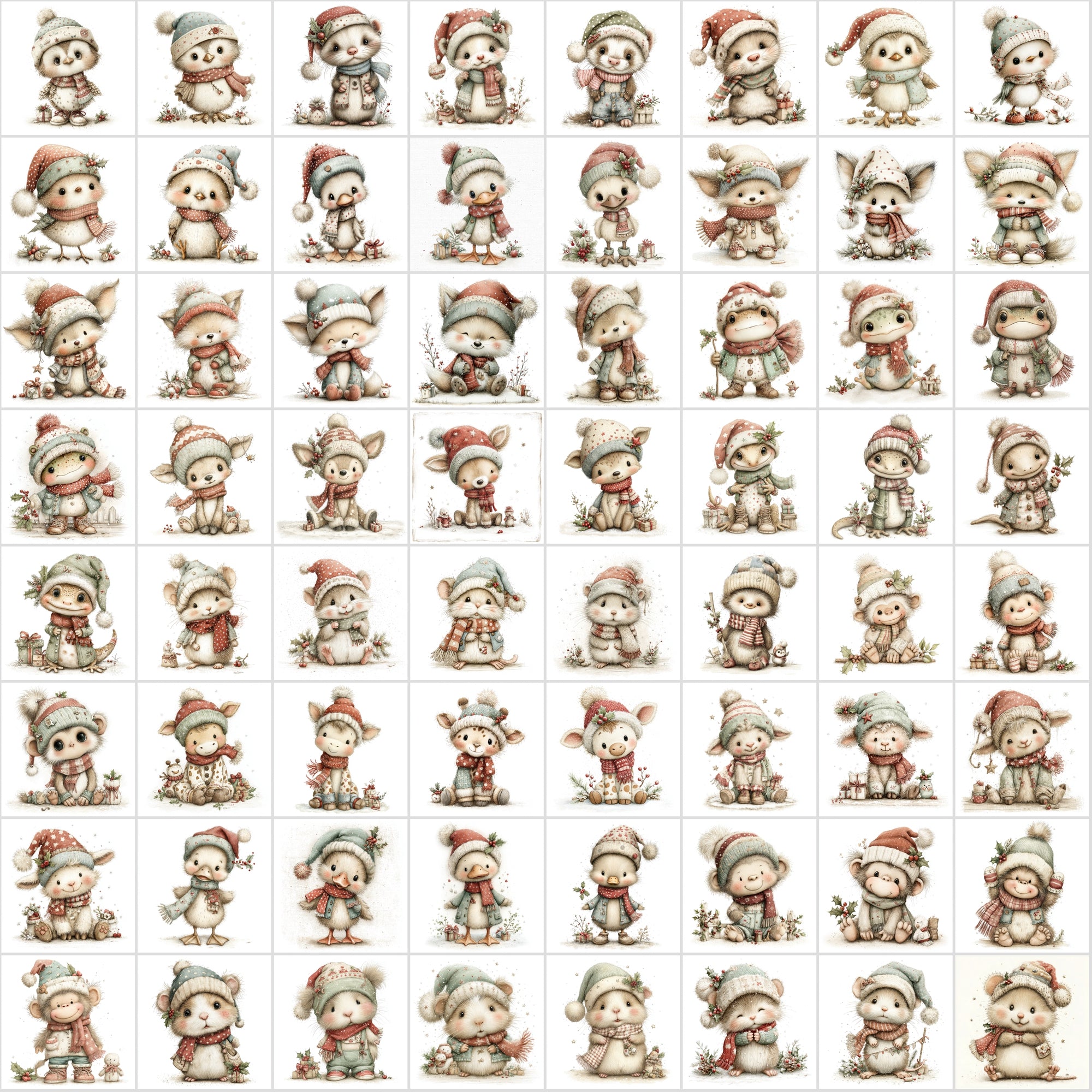 630 Baby Christmas Animal Clipart – Cute Winter Wildlife with Santa Hats & Scarves, Holiday Baby Animals, High-Resolution JPGs