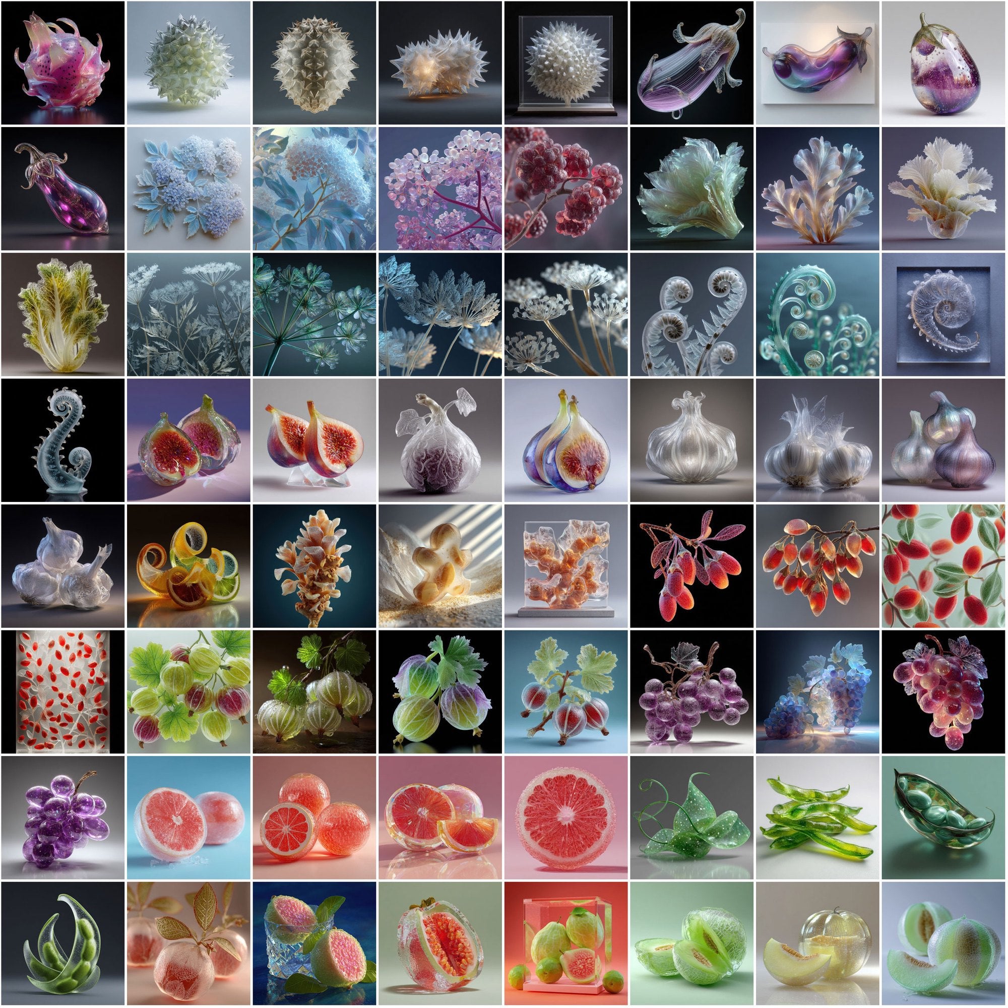 600 Frosted Glass Fruits & Veggies – High-Res JPGs for Design, Decor & Print