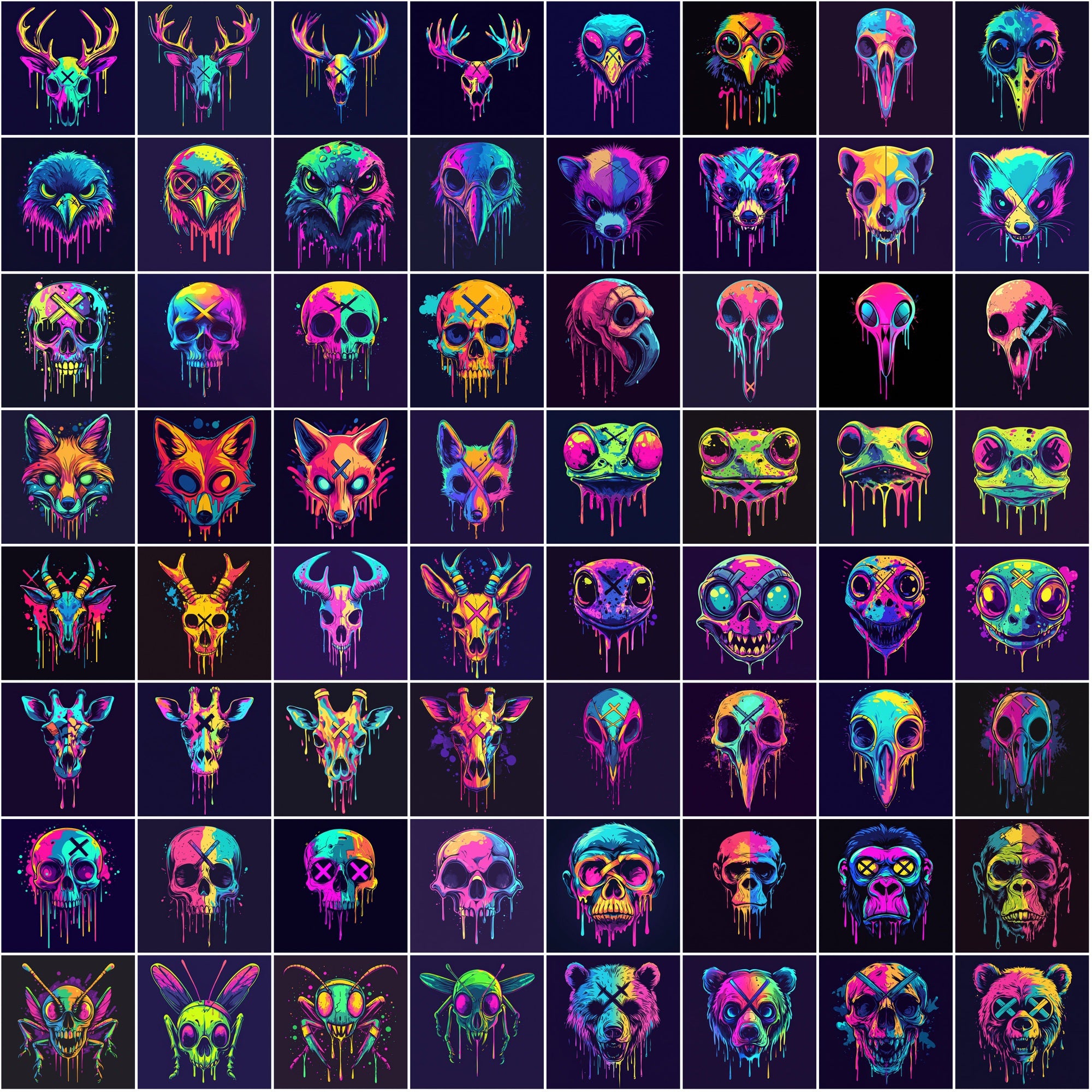 615 Dripping Skull Illustrations – Neon Animal Art, Dark Aesthetic, Commercial Use