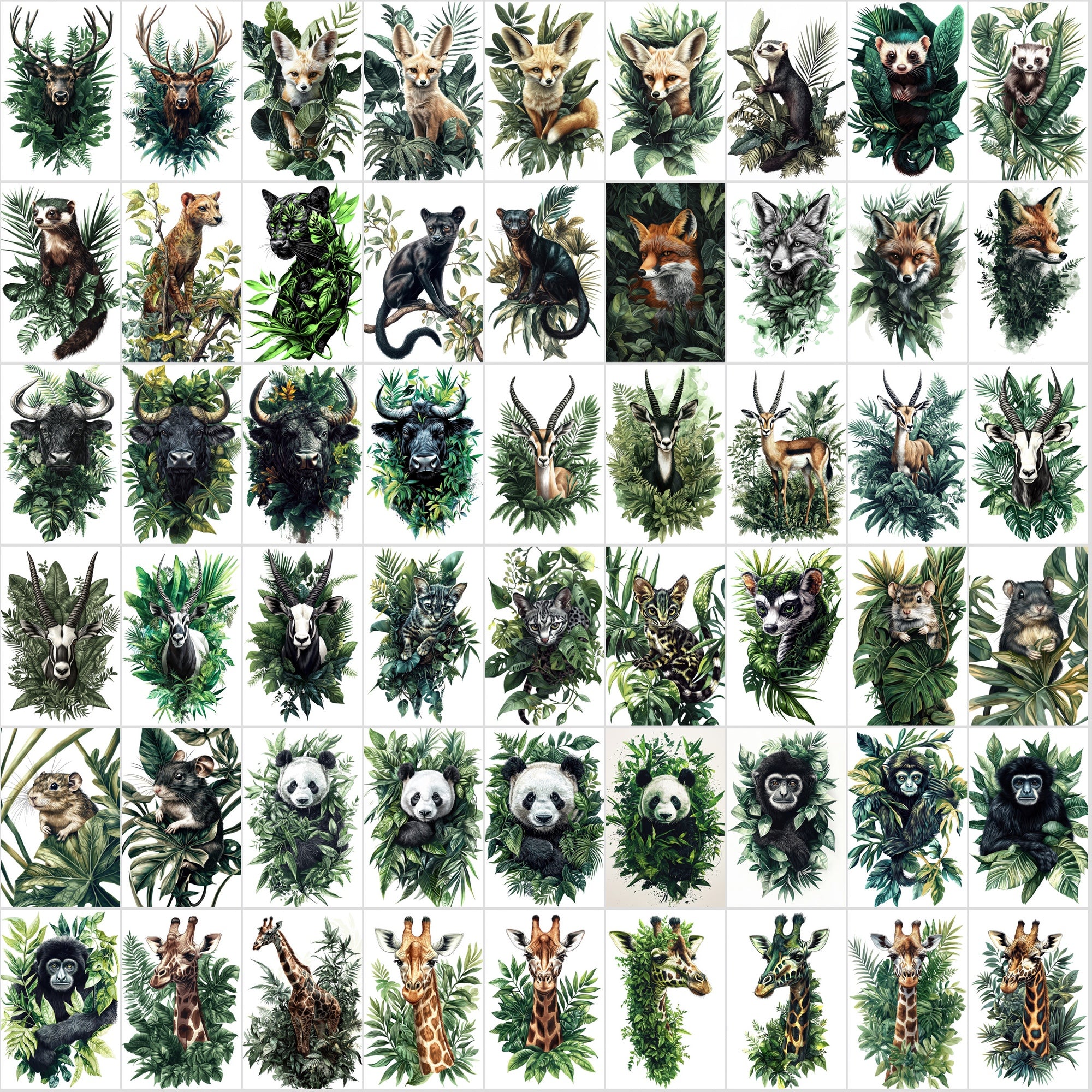 580 Animal Illustrations with Green Foliage