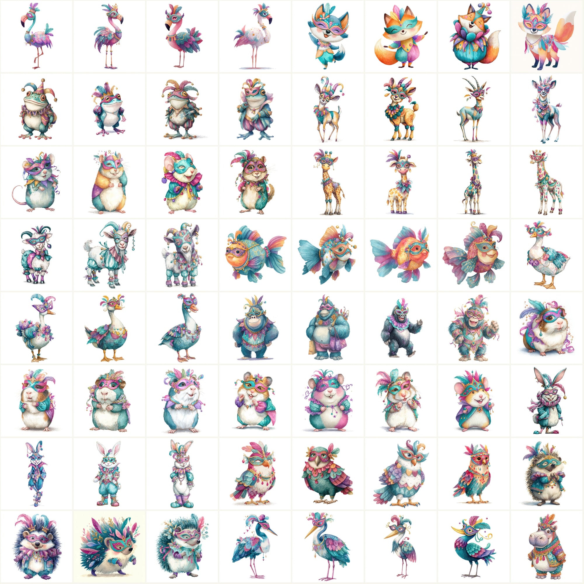 589 Festive Masquerade Animal Clipart – High-Res Watercolor JPGs with Commercial License