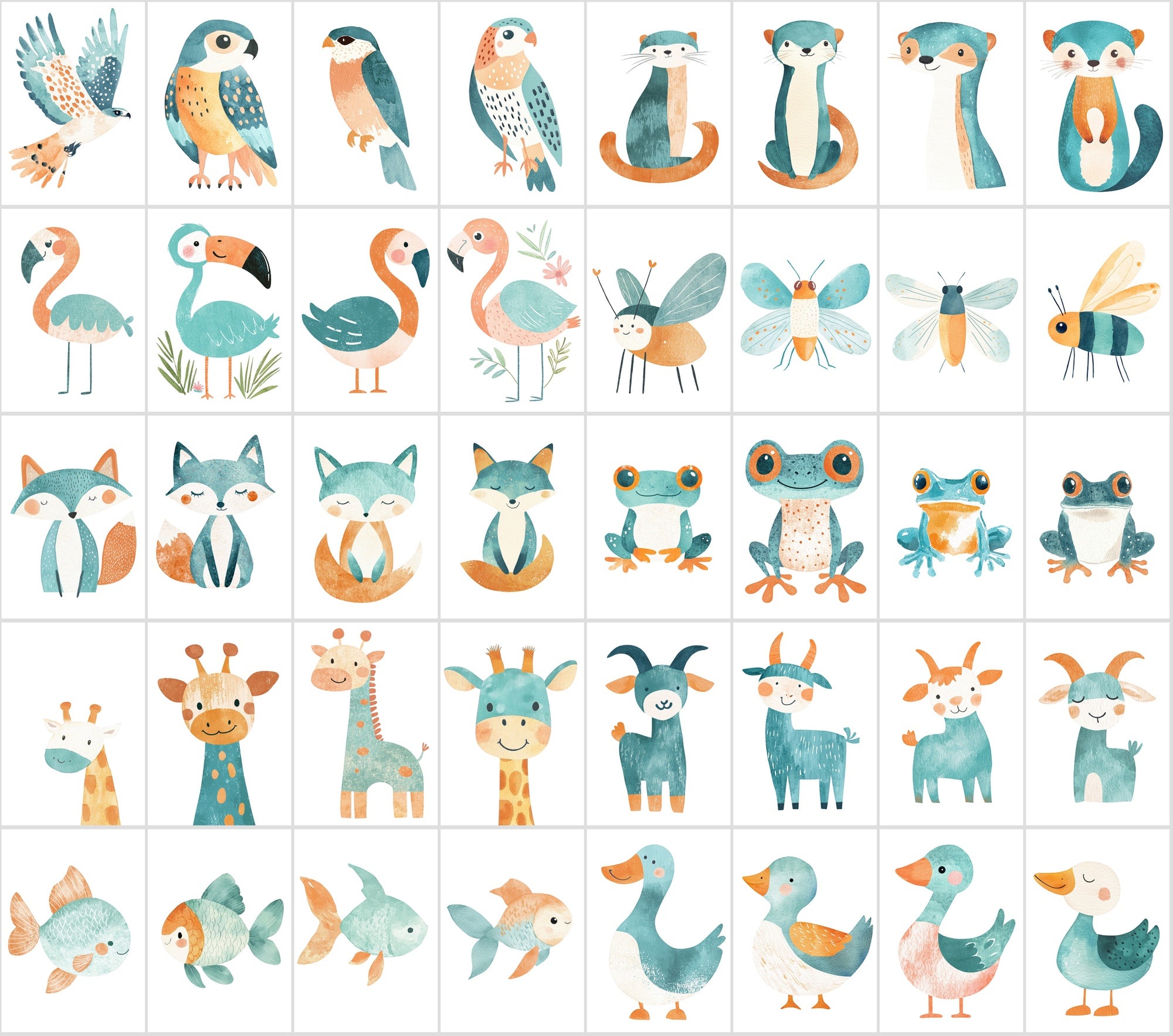 400 Teal & Orange Minimalist Animal Illustrations | Commercial License