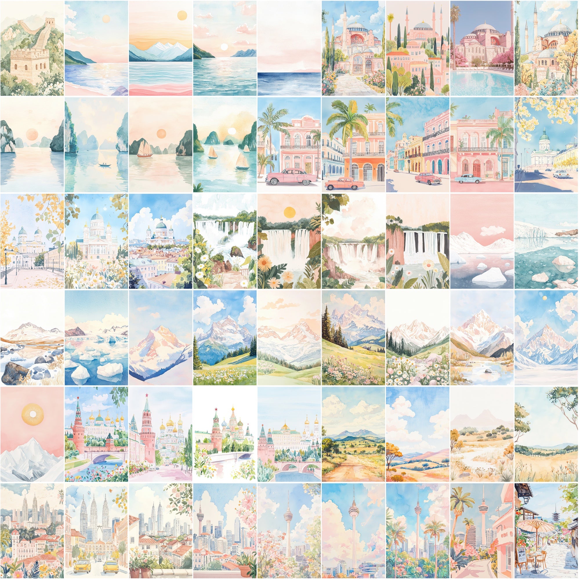 520 Gouache World Landmarks Illustrations | Pastel Color Travel Art